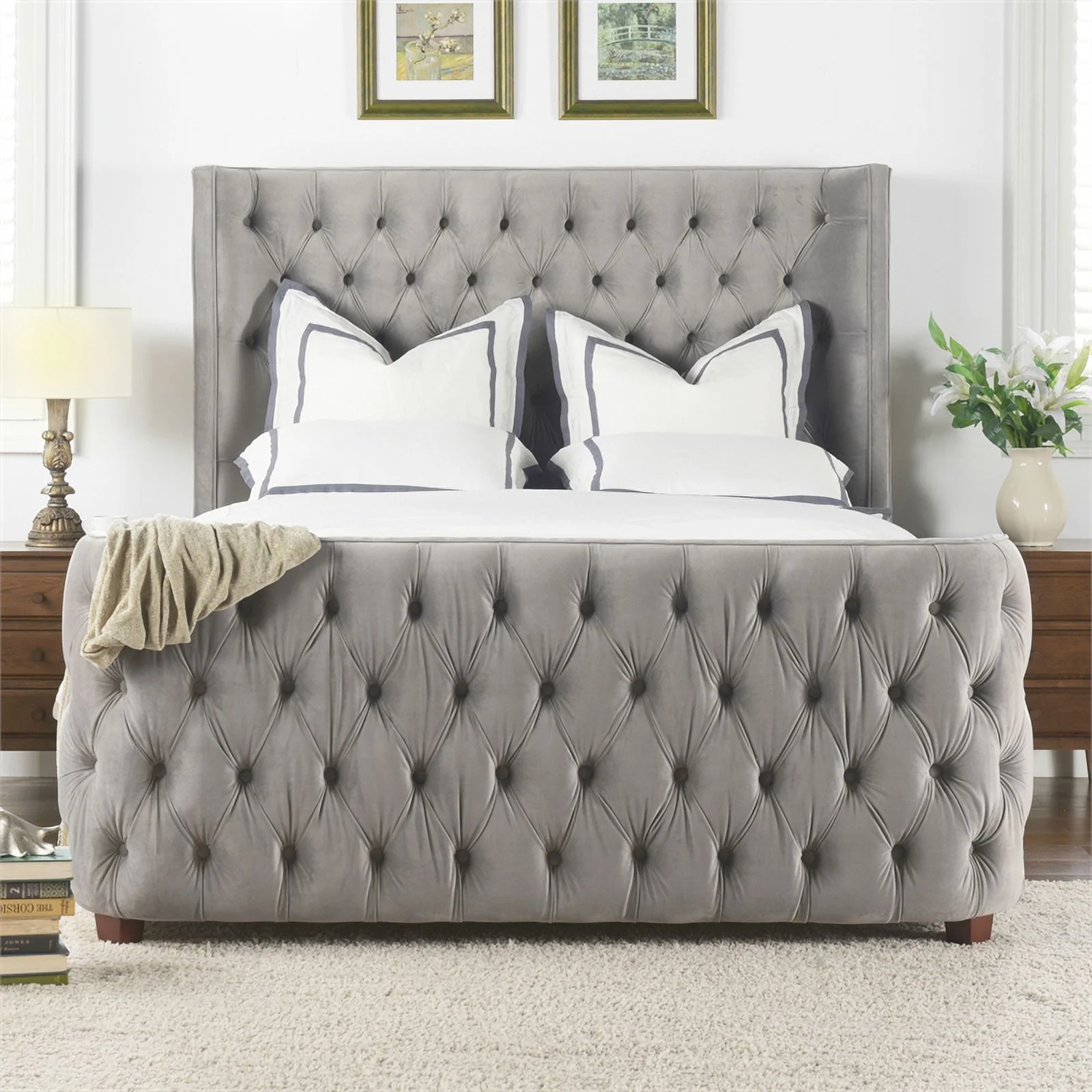 Maklaine Modern Hardwood Queen Tufted Velvet Bed in Opal Grey