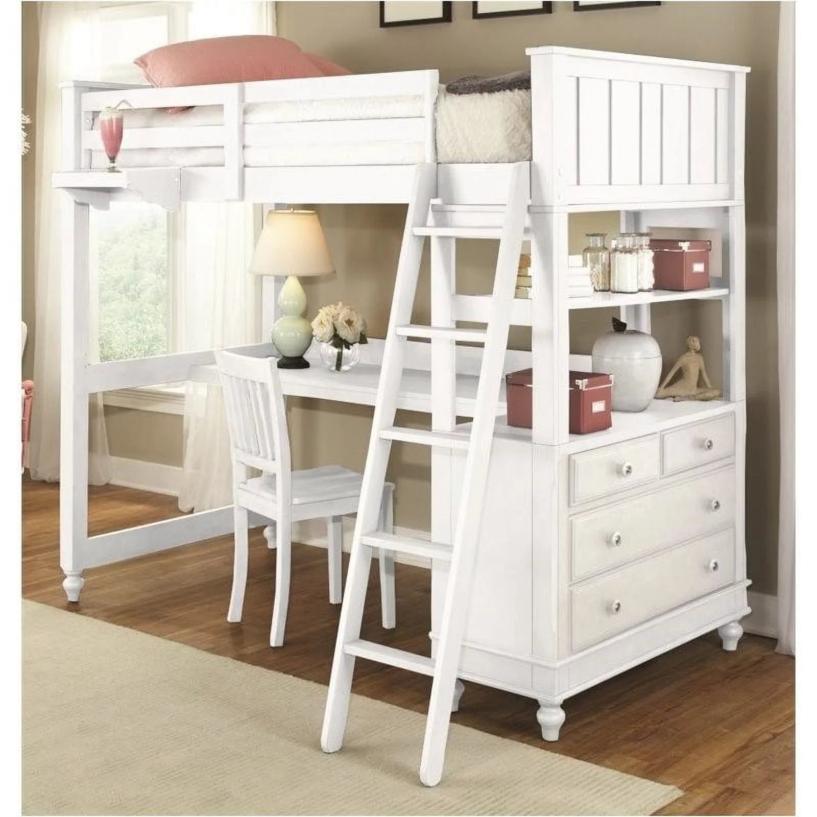 Pemberly Row Twin Loft Bed with Desk and Shelf in White