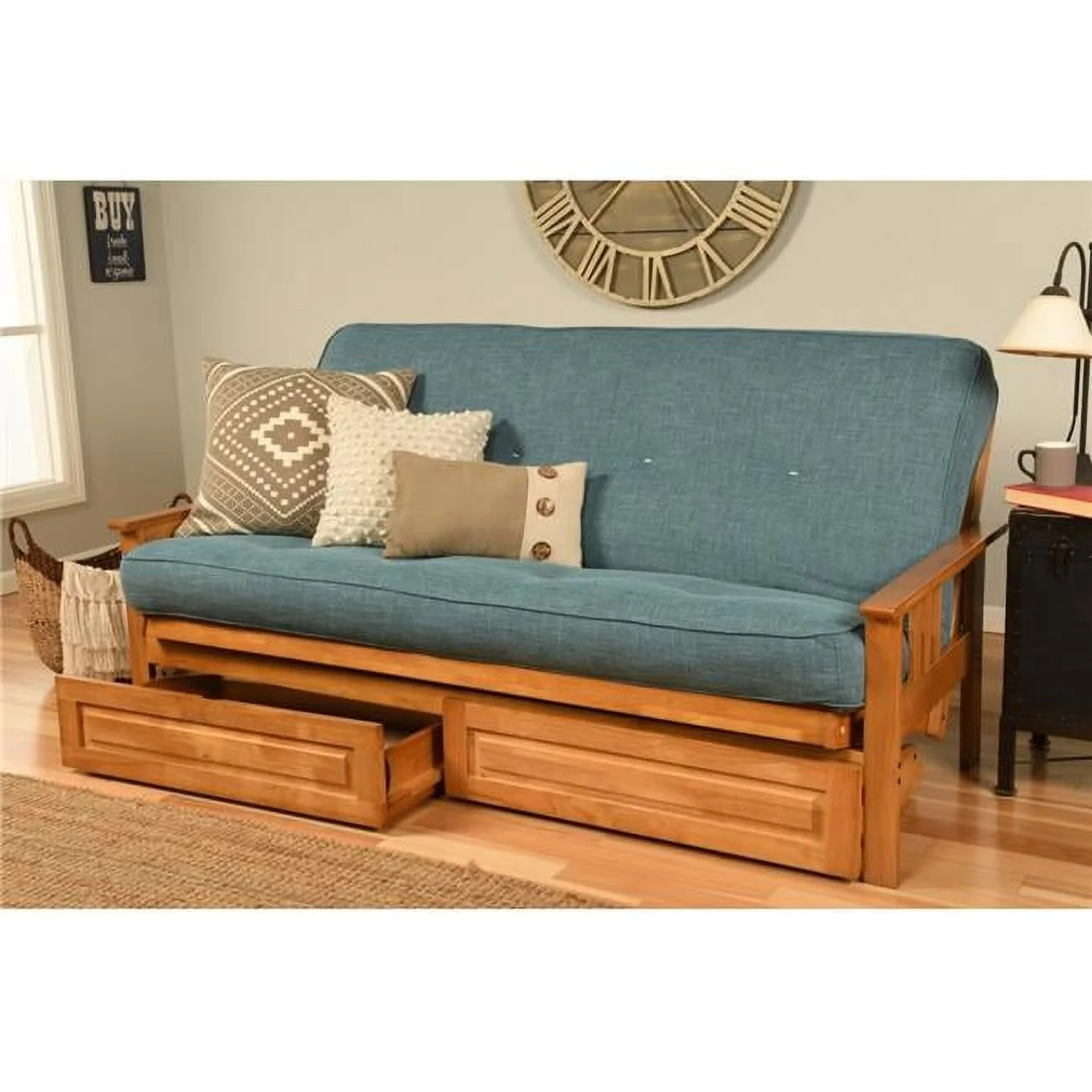 Monterey Butternut Futon Frame with Linen Aqua Mattress & Storage Drawers - Full Size