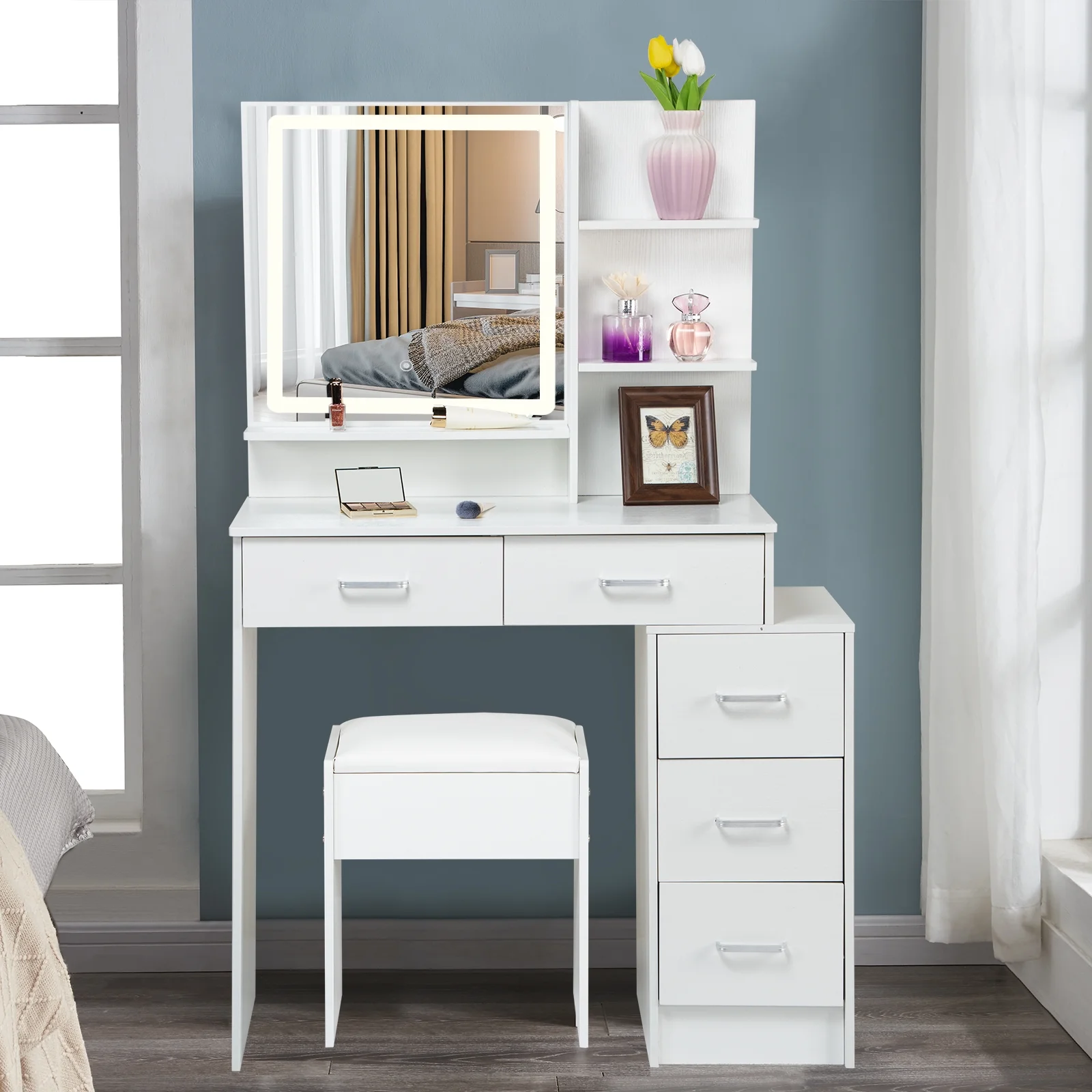 Yamissi Vanity Set with Lighted Mirror, Modern Makeup Dressing Table with Stool, White Vanity Desk for Women Girls