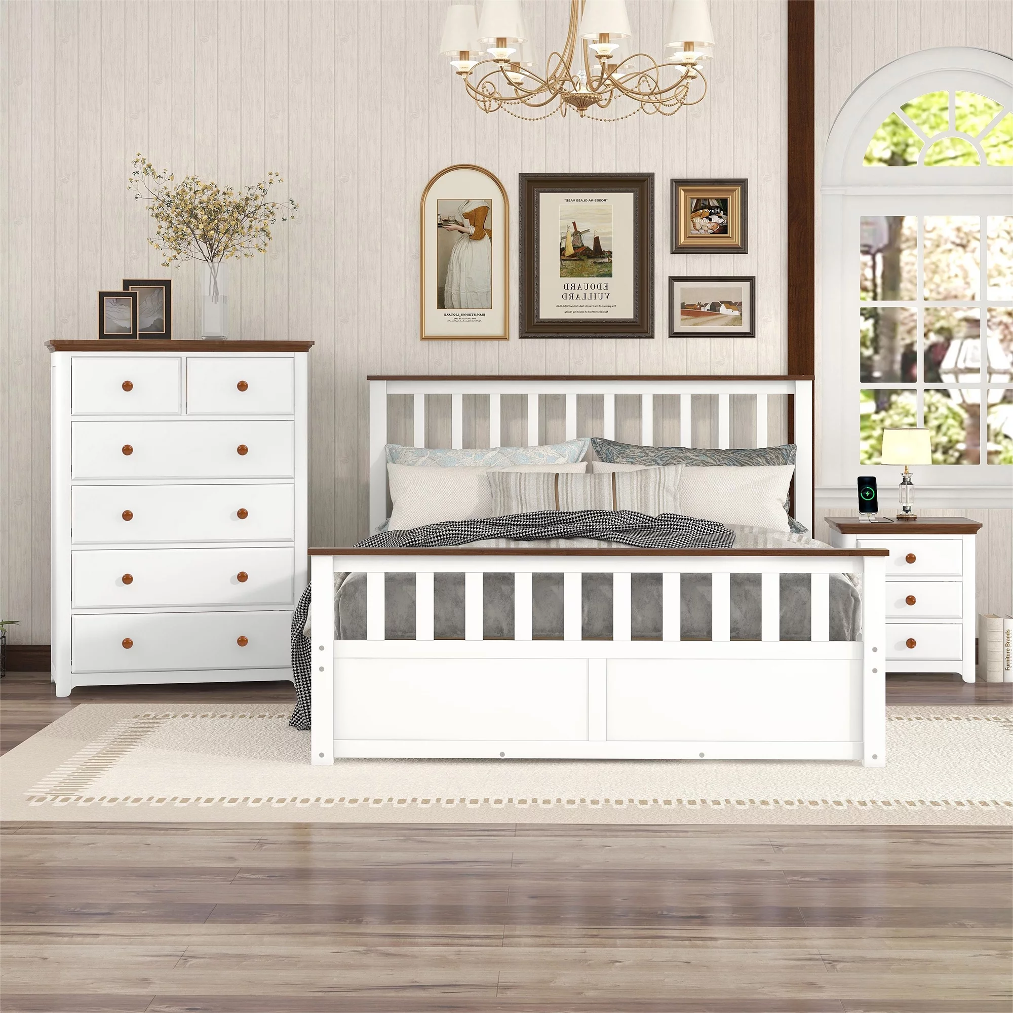 3-Pieces Bedroom Sets Queen Size Platform Bed with Nightstand(USB Charging Ports) and Storage Chest,White+Walnut