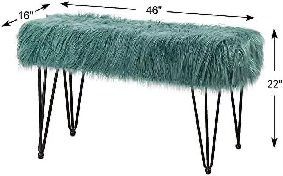 Oil Blue Mongolian Faux Fur Ottoman, 46'' X 16'' X 22'', Cozy Plush Fluffy Ottoman Foot Rest Stool For Living Room Bedroom Entryway Makeup Bench End Of Bed Home Décor
