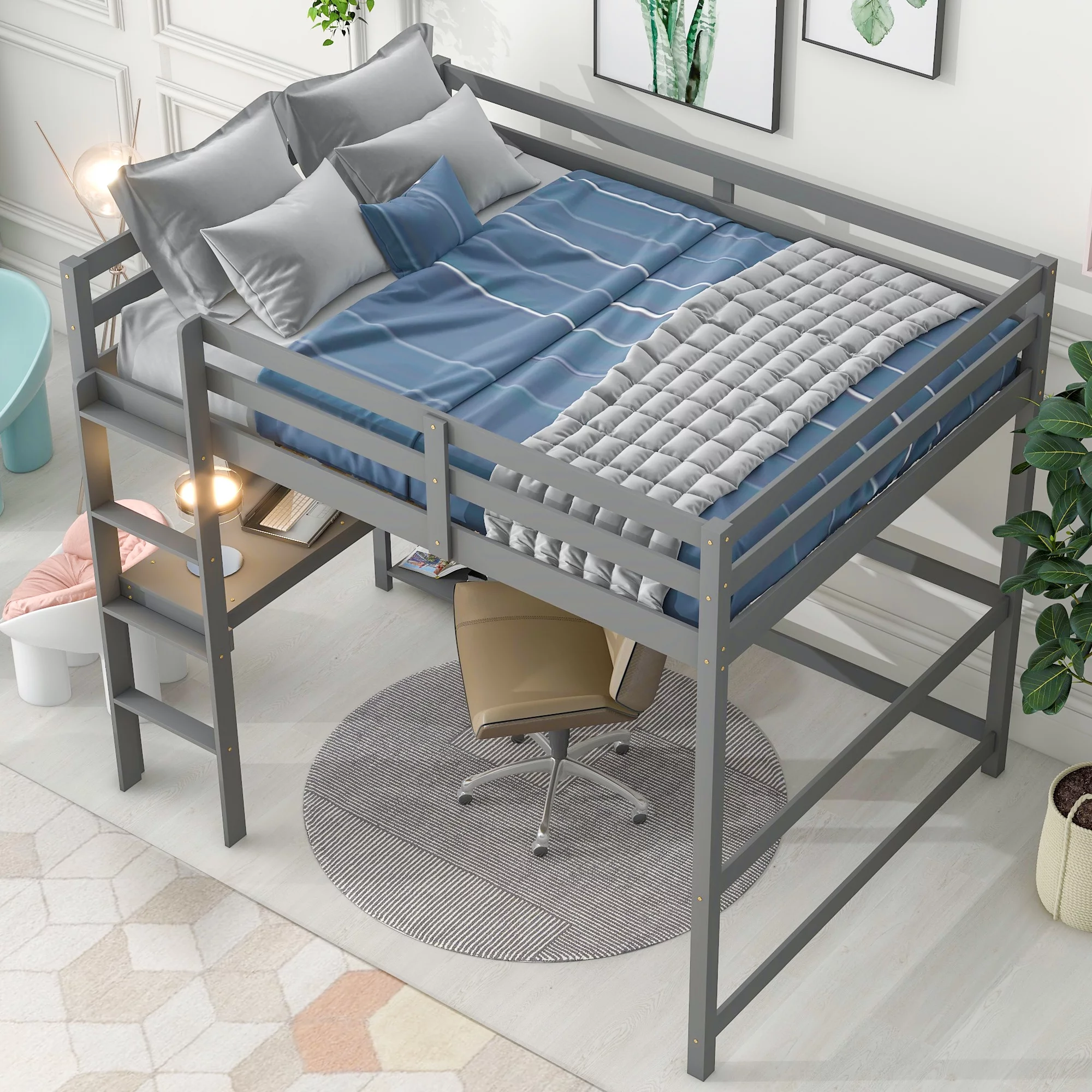 ikayaa Full Loft Bed with Desk and Shelves,Gray for bedroom