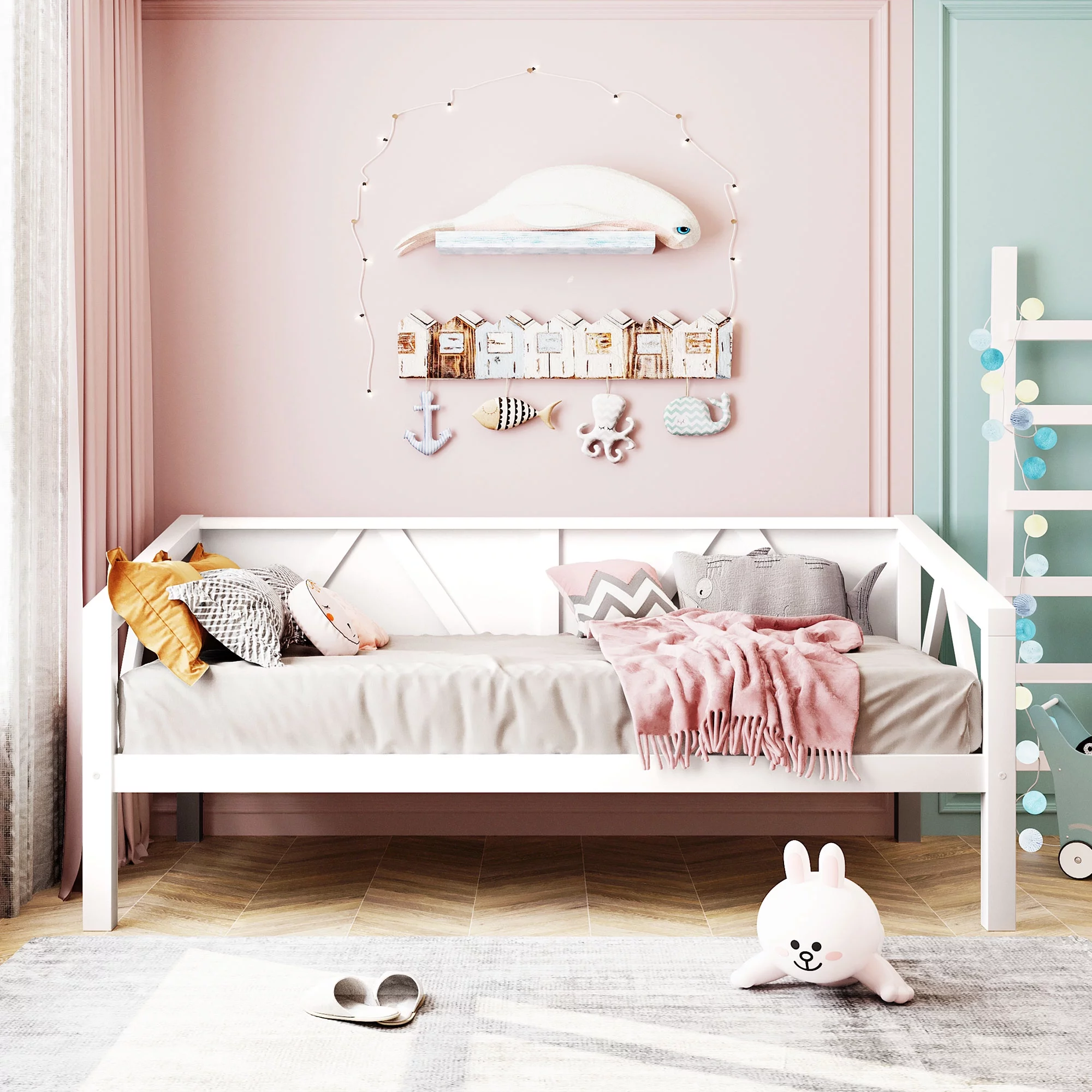 SESSLIFE Twin Daybed, Wood Day Bed Frame for Kids Adults, Twin Size Sofa Bed for Bedroom, Living Room, White
