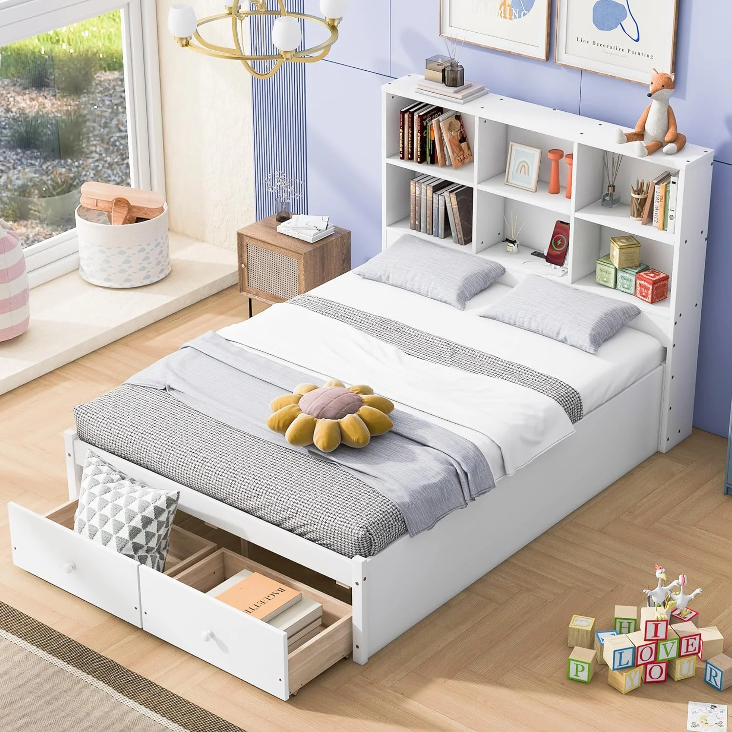 Full Size Storage Bed With Bookcase Headboard Ad 2 Drawers, Wood Platform Bed Frame With Chargig Statio, For Kids Tees Adults, o Box Sprig eeded, White