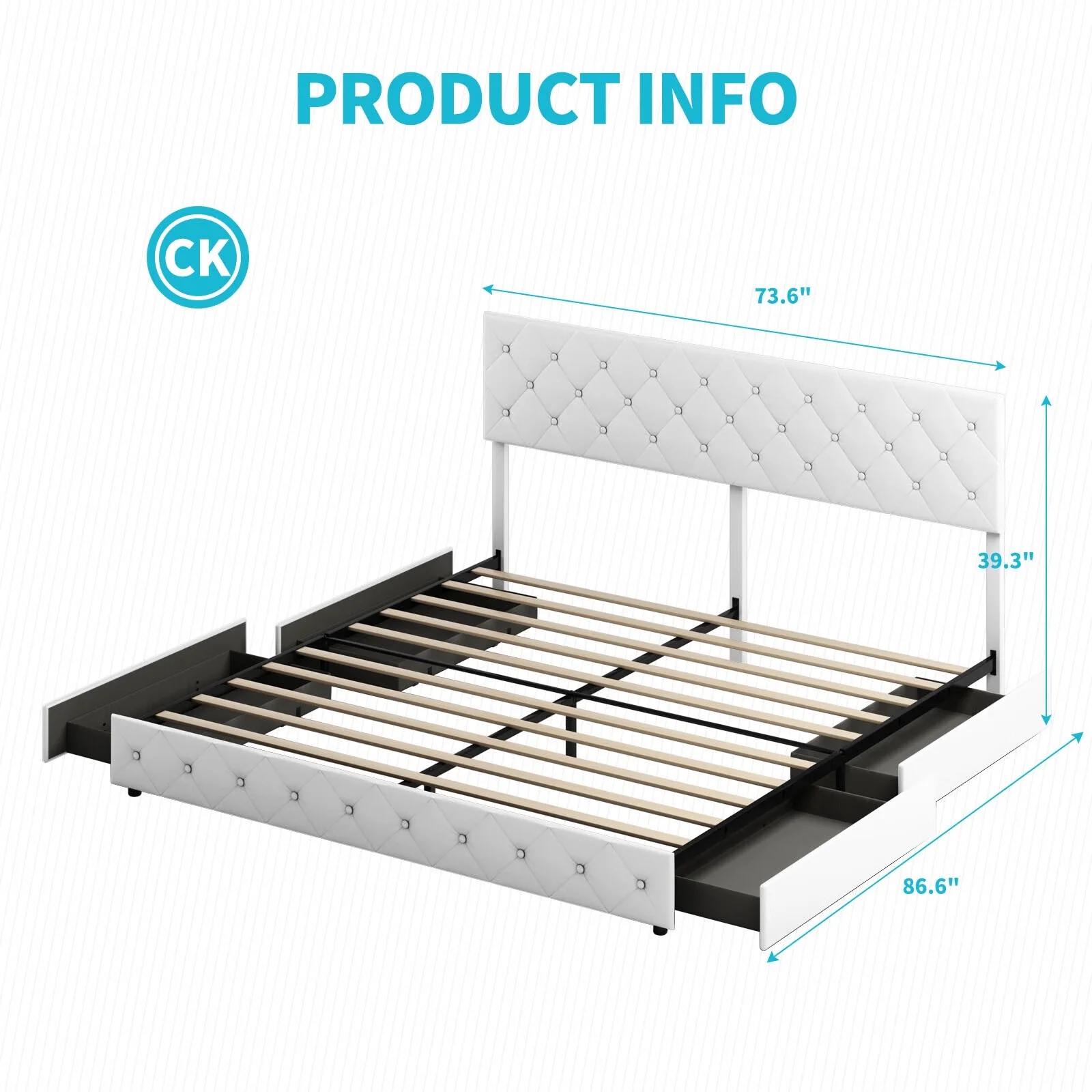 CECER Cal King Size Upholstered Platform Bed Frame with 4 Storage Drawers, PU Leather Modern Bed Frame with Adjustable Headboard, Easy Assembly White