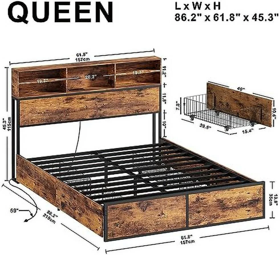xrboomlife Queen Bed Frame with 4 Drawers & Bookcase Headboard & Charging Station Sturdy and No Noise Platform Bed No Box Spring Needed Easy Assembly Vintage Brown