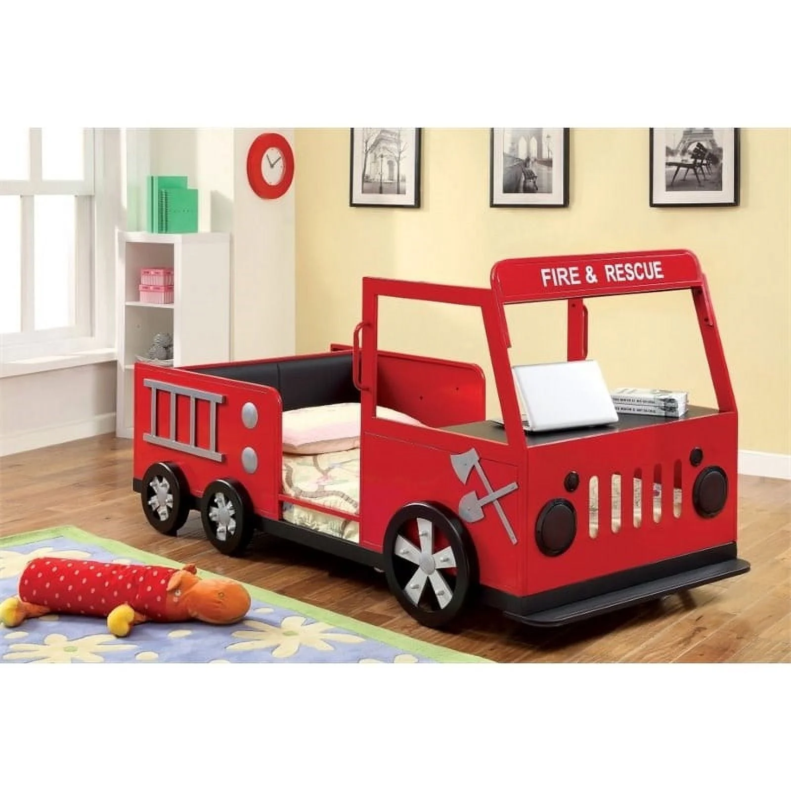 Roseberry Kids Modern Metal Novelty Twin Fire Truck Bed in Red