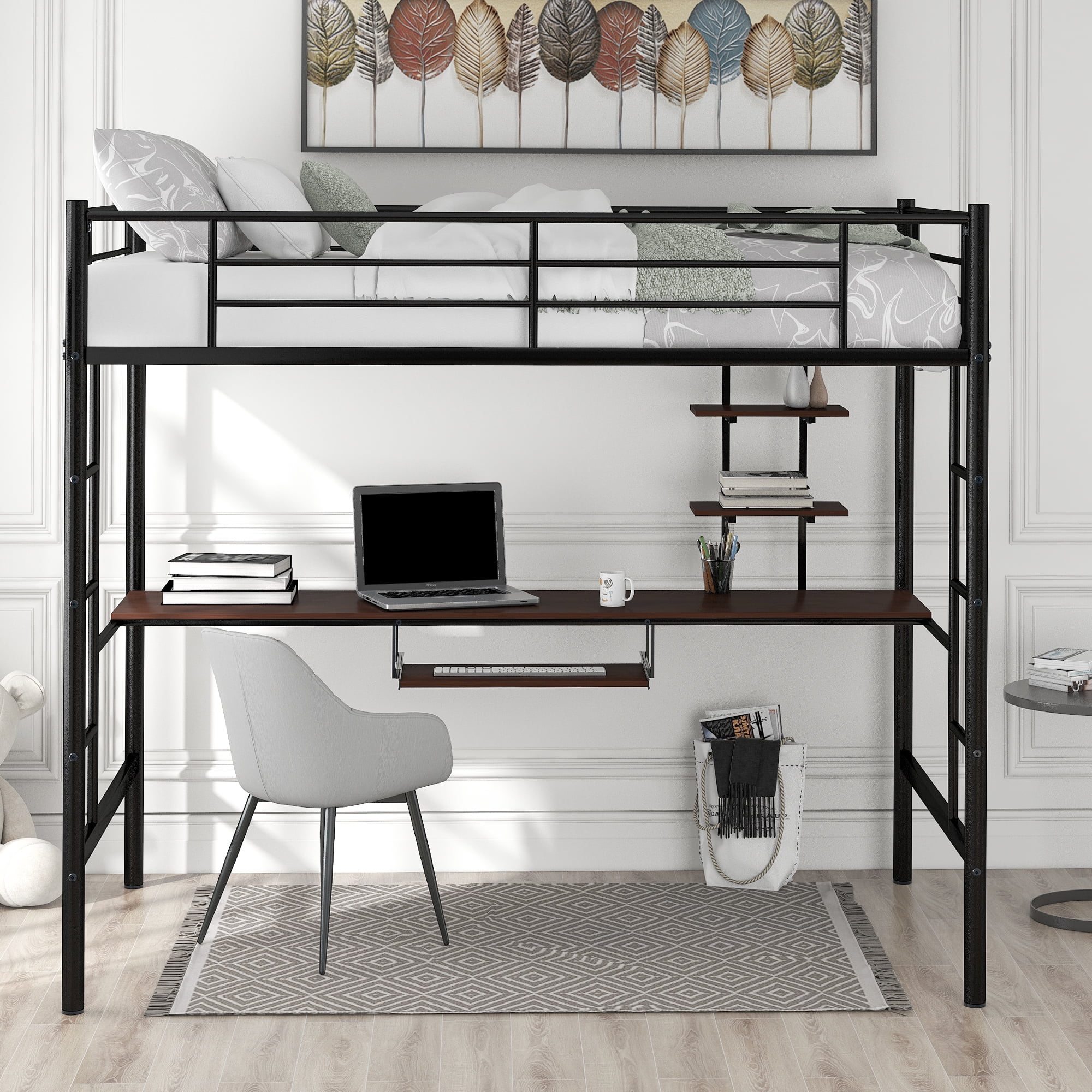 Euroco Metal Twin Size Loft Bed with Desk and Shelf for Kids, Black