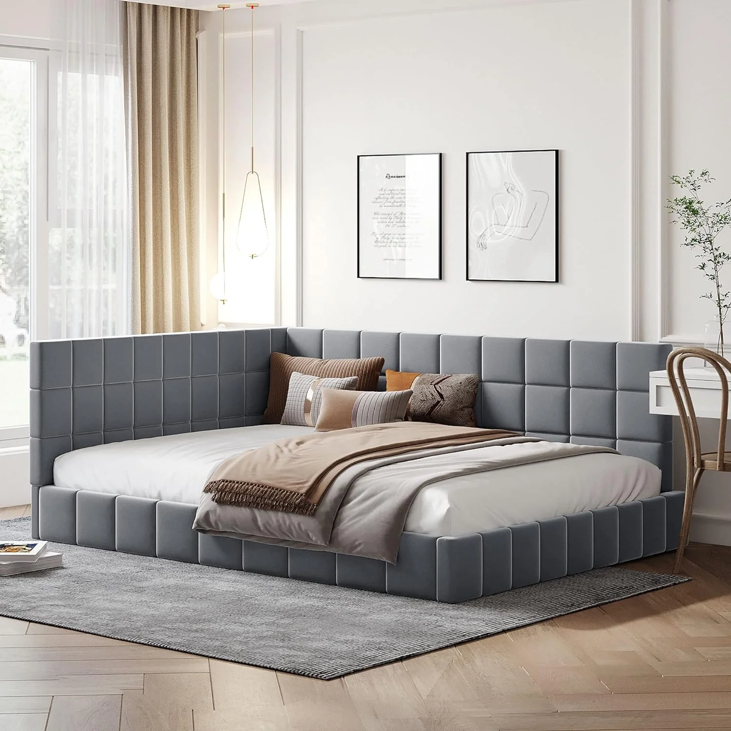 Full Size Upholstered Daybed, -Cetury Wood Full Size Daybed Sofa Bed Frame With Armrest Ad Backrest, Full Size Bed For Bedroom, Livig Room,Velvet, Grey
