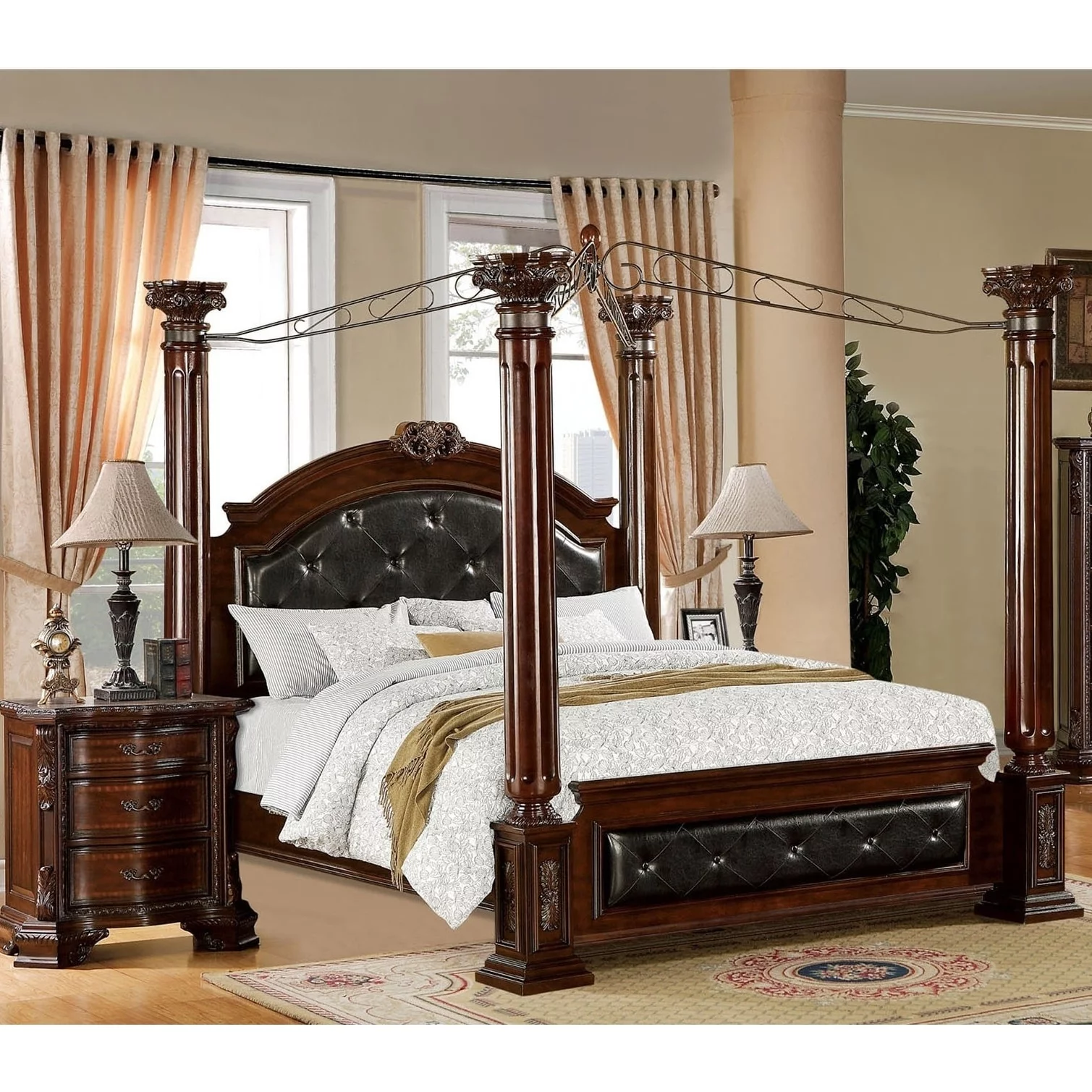 Furniture of America Tage Traditional Brown Wood Tufted Canopy 2-Piece Bedroom Set by Queen