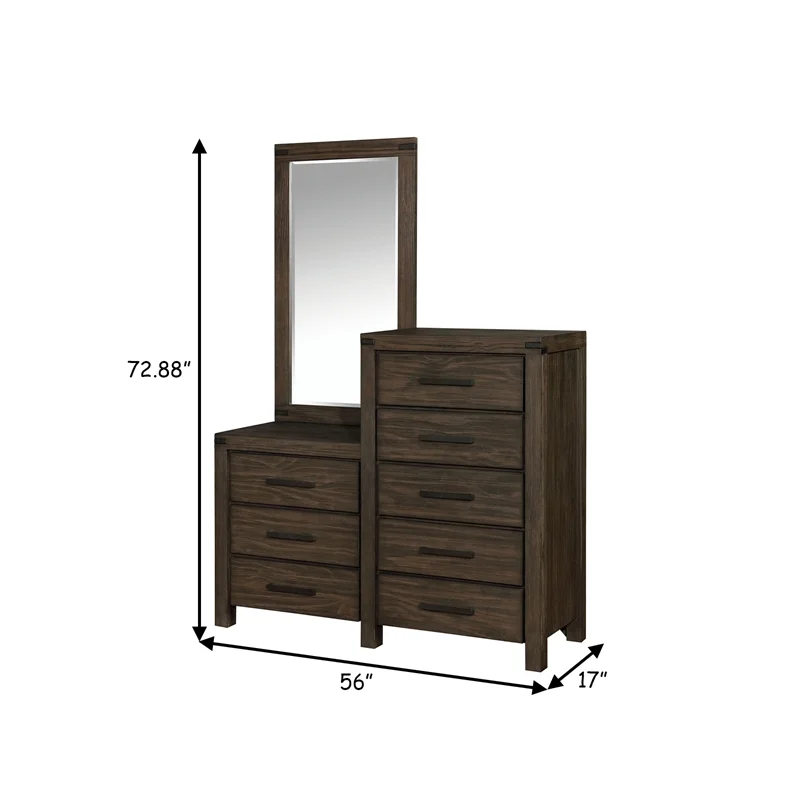 Benzara BM181396 8 Drawer Wooden Dresser with Mirror - Brown - 72.88 x 56 x 17 in.