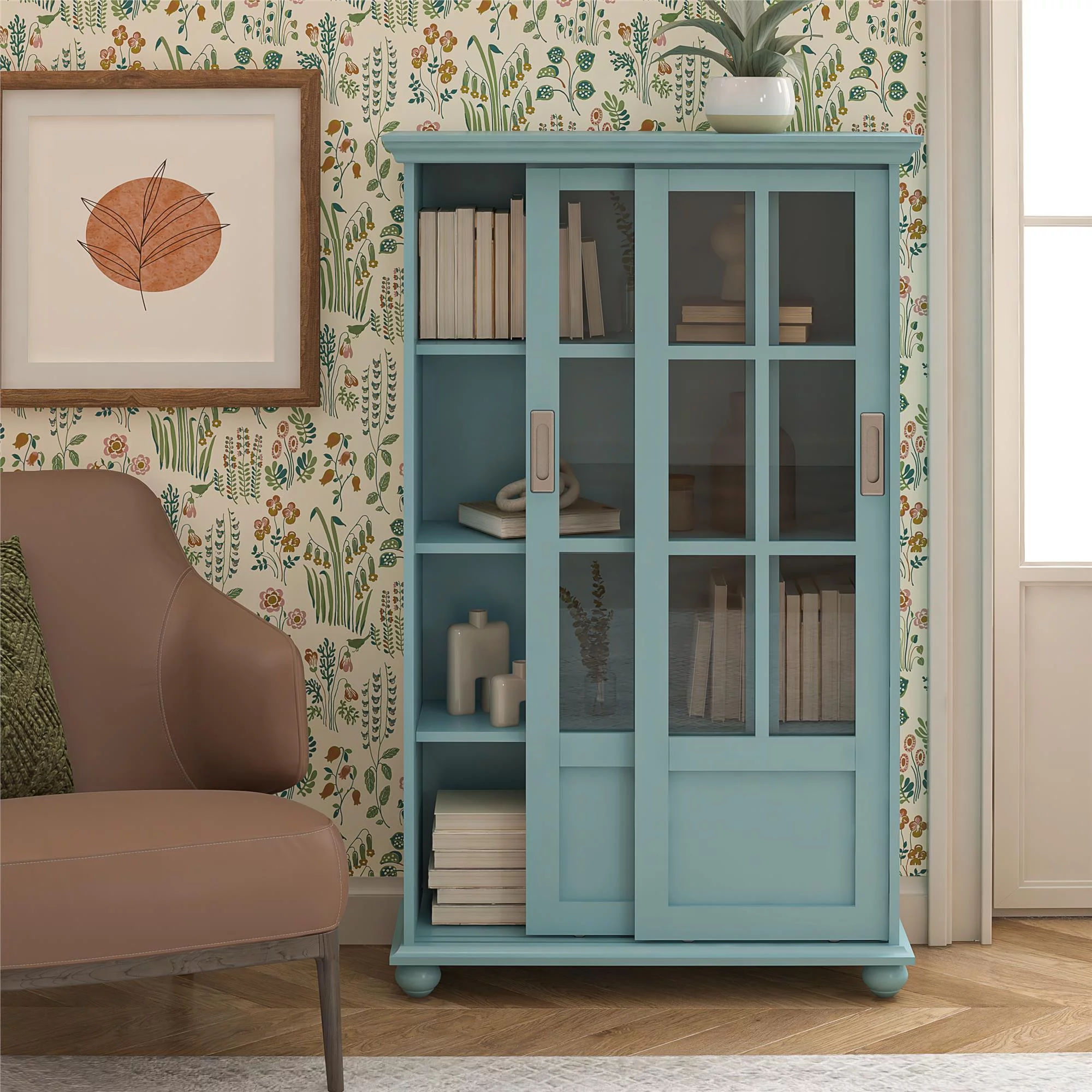 Ameriwood Home Aaron Lane Bookcase with Sliding Glass Doors, Pale Blue