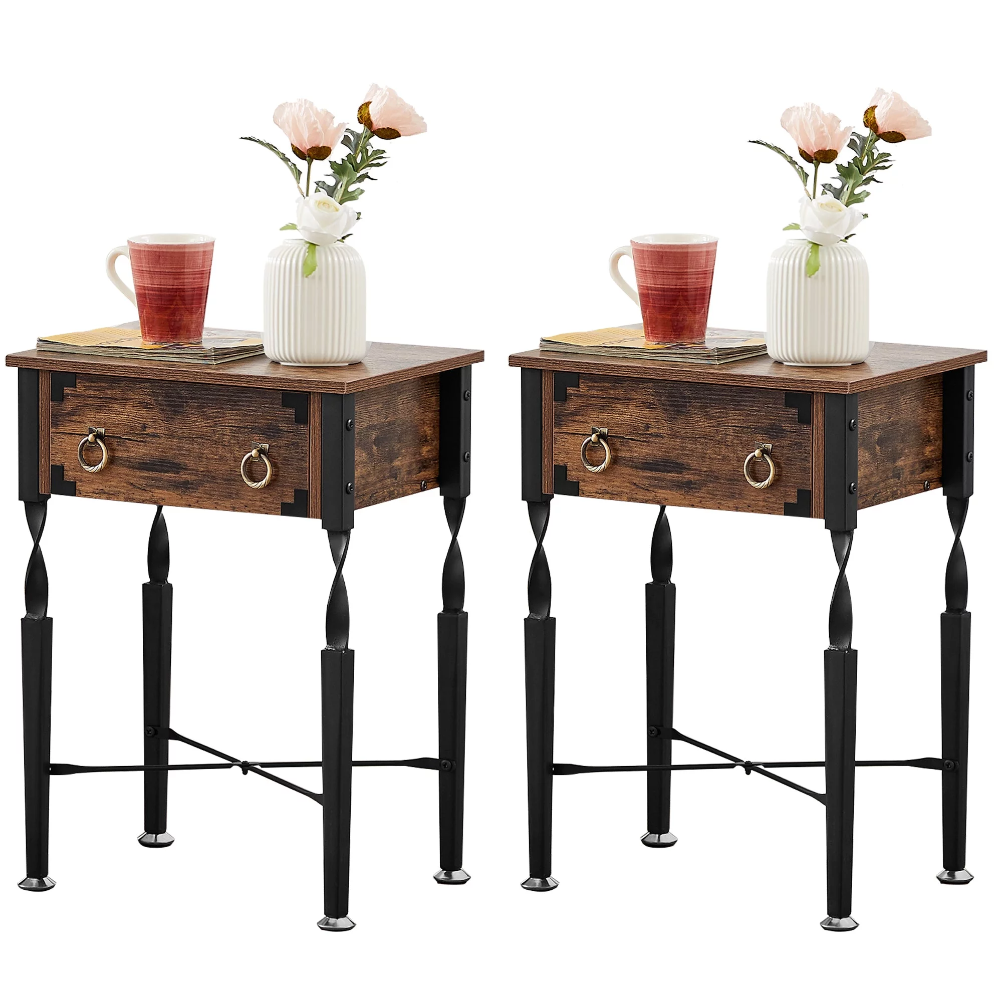 VECELO Set of 2 Nightstand with 1-Drawer, Modern Bedside End Table with Metal Frame for Versatile Storage Shelf in Living Room, Bedroom, Rustic Brown