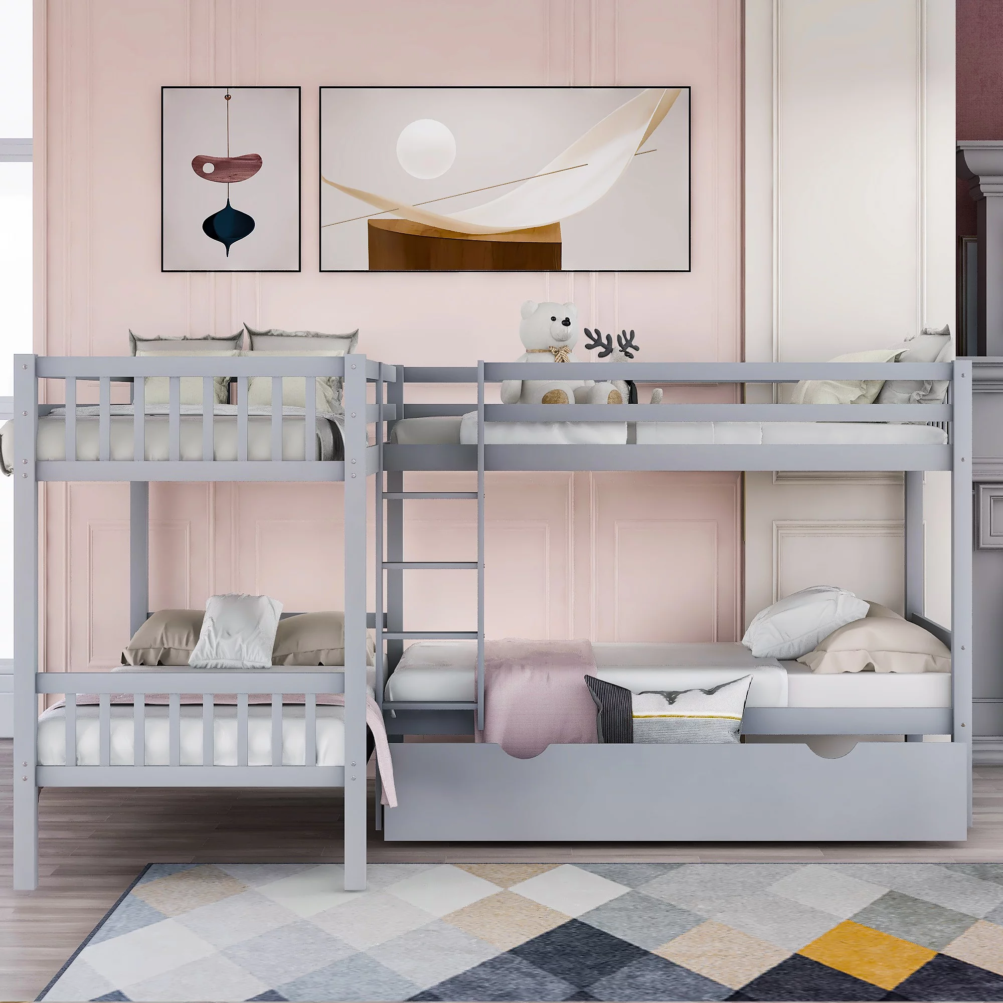 CoSoTower Twin L-Shaped Bunk Bed With Drawers-Gray