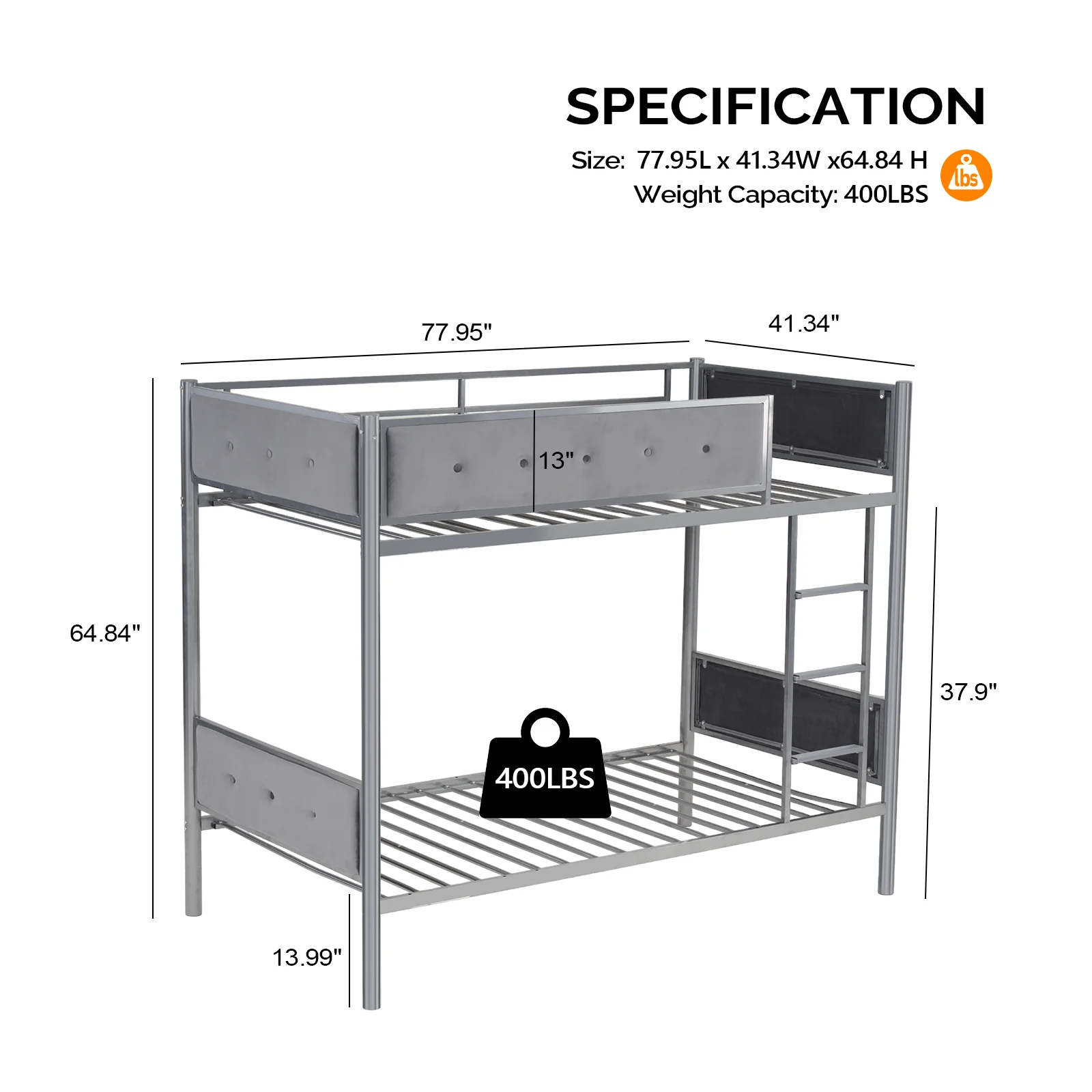 VINGLI Bunk Bed Twin Over Twin for Kids, Teens & Adults Bunk Bed with Stairs & Flat Rungs, Upholstered Bed with Velvet Tufted,Heavy Duty Metal Slats, No Box Spring Needed, Gray
