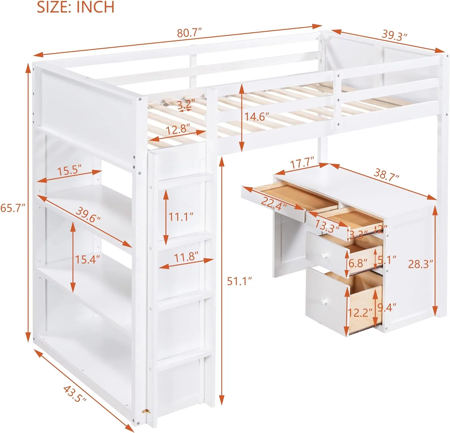Size Lof Bed Wih Desk Ad Bookshelf, Solid Wood Lof Bed Frame Wih Sorage Drawers, 14.6