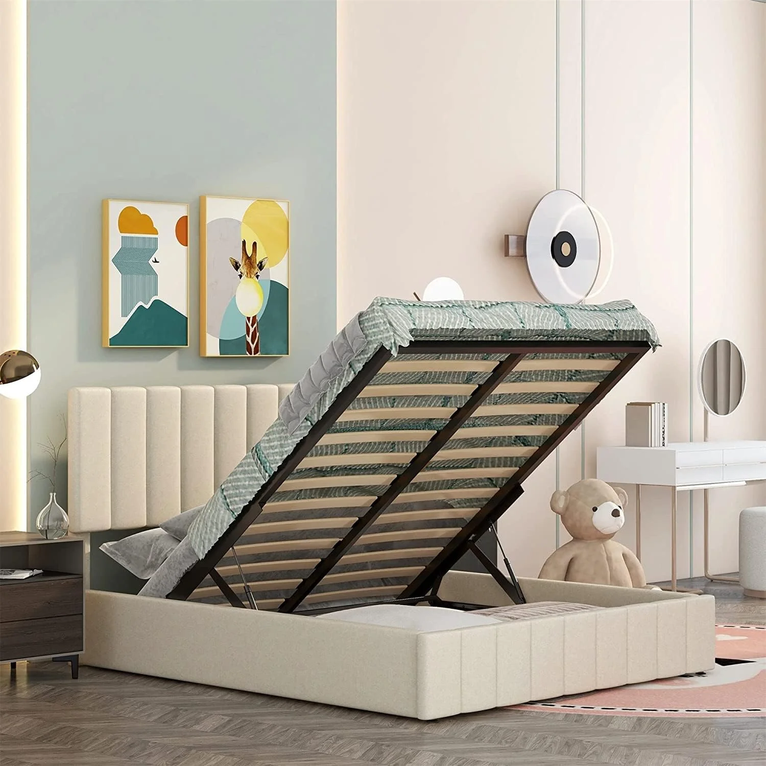 Quee Size Upholsered Bed Frame Wih Gas Lif Up Sorage, Quee Plaform Bed Frame Wih Sorage Udereah, Woode Plaform Bed Wih ufed Headboard Ad Hydraulic Sorage Sysem,Beige