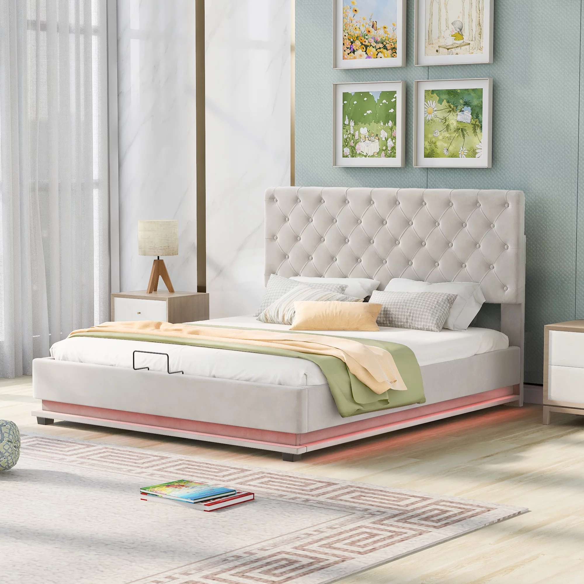 Nestfair Beige Queen Size Storage Upholstered Platform Bed with Adjustable Tufted Headboard and LED Light