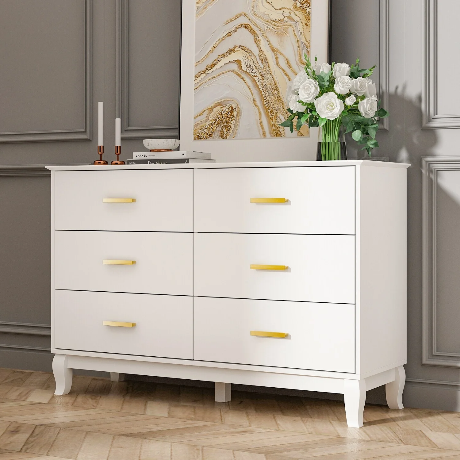 Timechee 6 Drawer 47.2''W Double Dresser Solid Wood Legs Lacquer Chest Black
