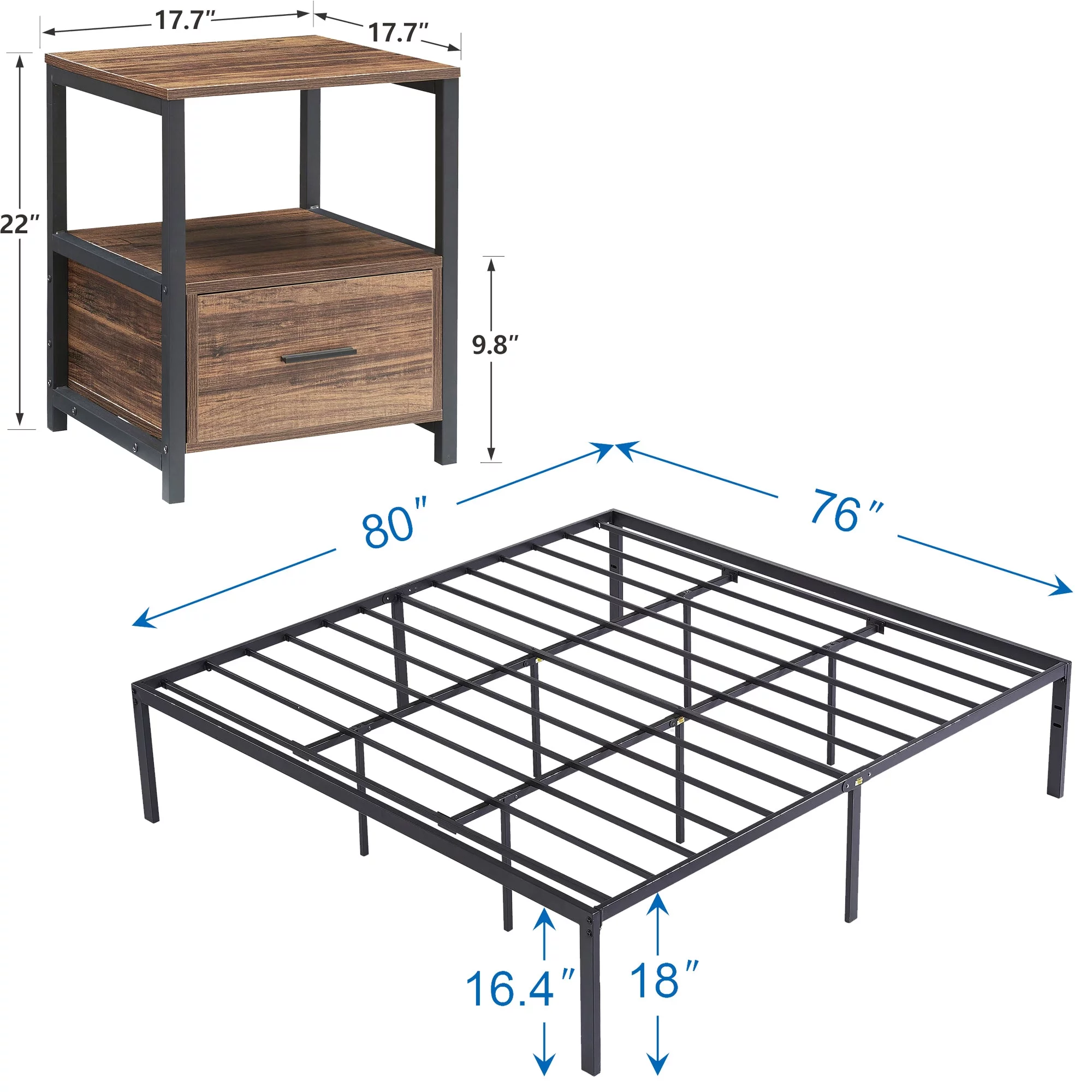 VECELO 3-Piece Bedroom Sets Include Metal Platform Bed Frame and 2 Brown Nightstands, King Size