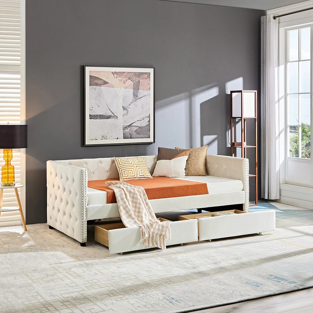 Royard Oaktree Daybed with Drawers Modern Velvet Upholstered Twin Size Day Bed Button-Tufted Sofa Daybed Frame with Double Drawers, No Box Spring Needed, Furniture for Bedroom Living Guest Room, Beige