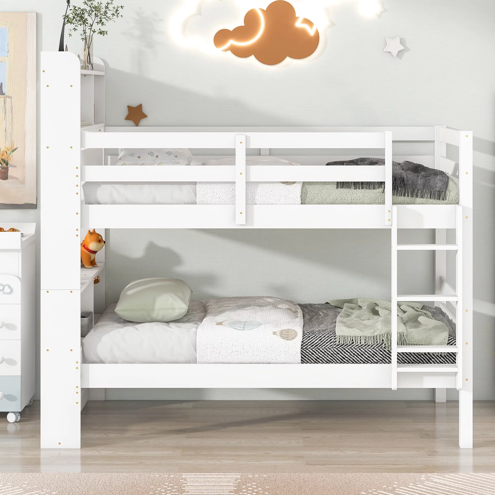 iRerts Wood Twin Bunk Bed, Twin Over Twin Bunk Beds with Bookcase Headboard, Can Be Converted into 2 Beds, Bunk Bed Twin Over Twin for Kids Teens Bedroom, No Box Spring Required, White