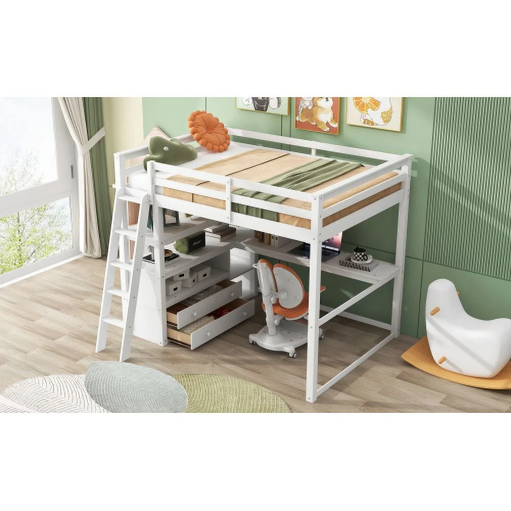 Full Size Loft Bed with Desk and Shelves,Two Built-in Drawers,White