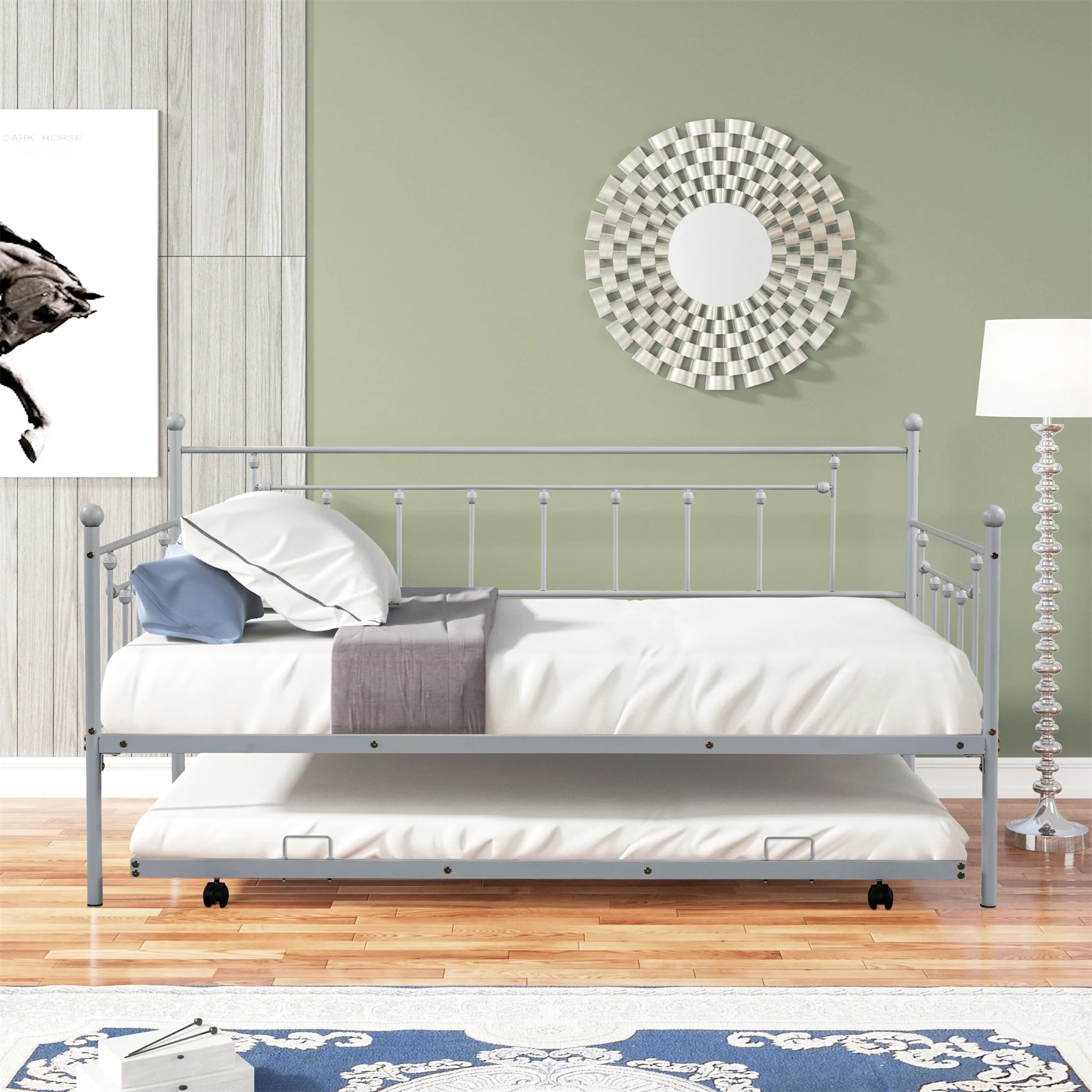 BESTCOSTY Light Grey Metal Daybed with Trundle