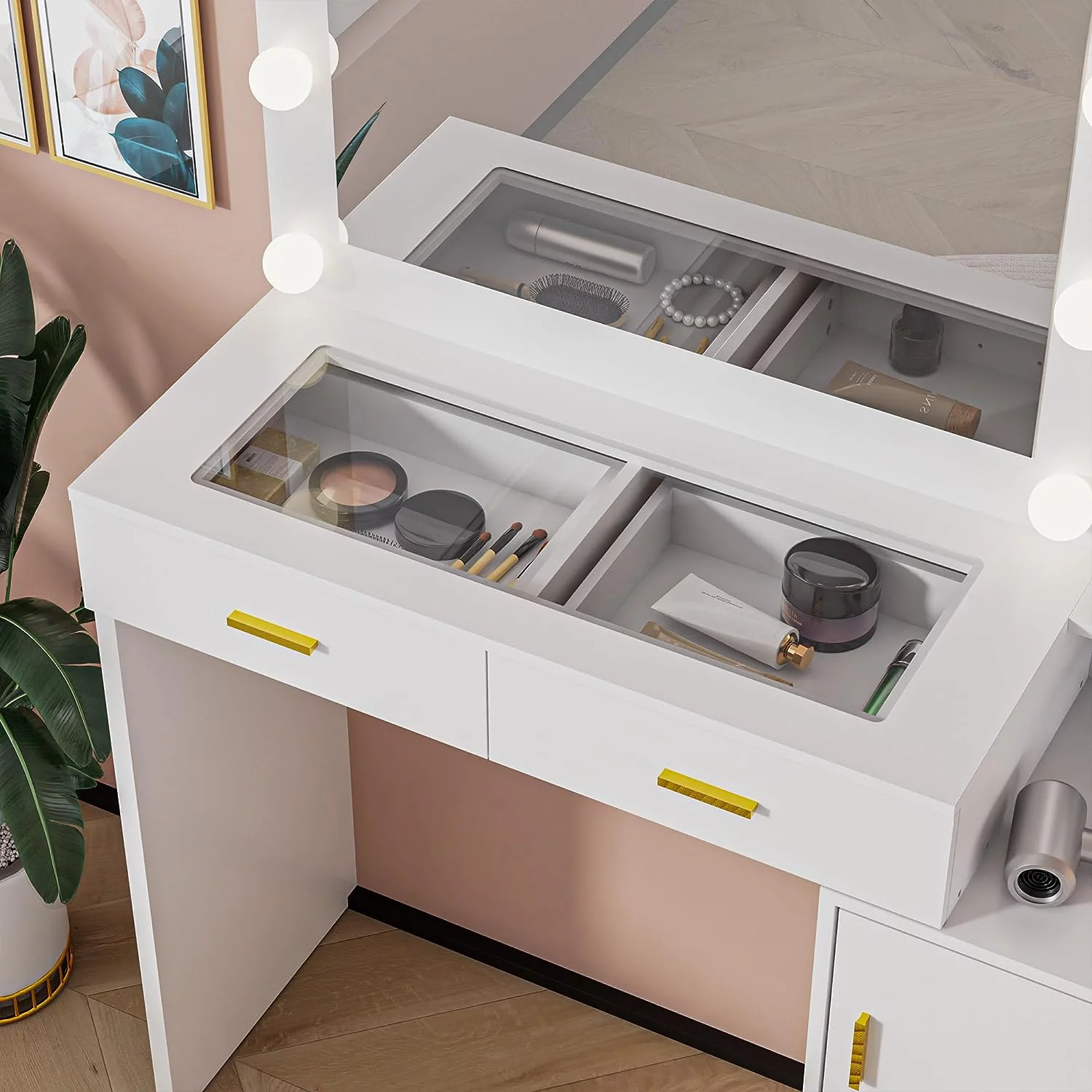 Cozy Castle Vanity Desk with Mirror and Lights, Makeup Vanity Desk with Glass top and Charging Station, Vanity Table with Drawers for Bedroom, White