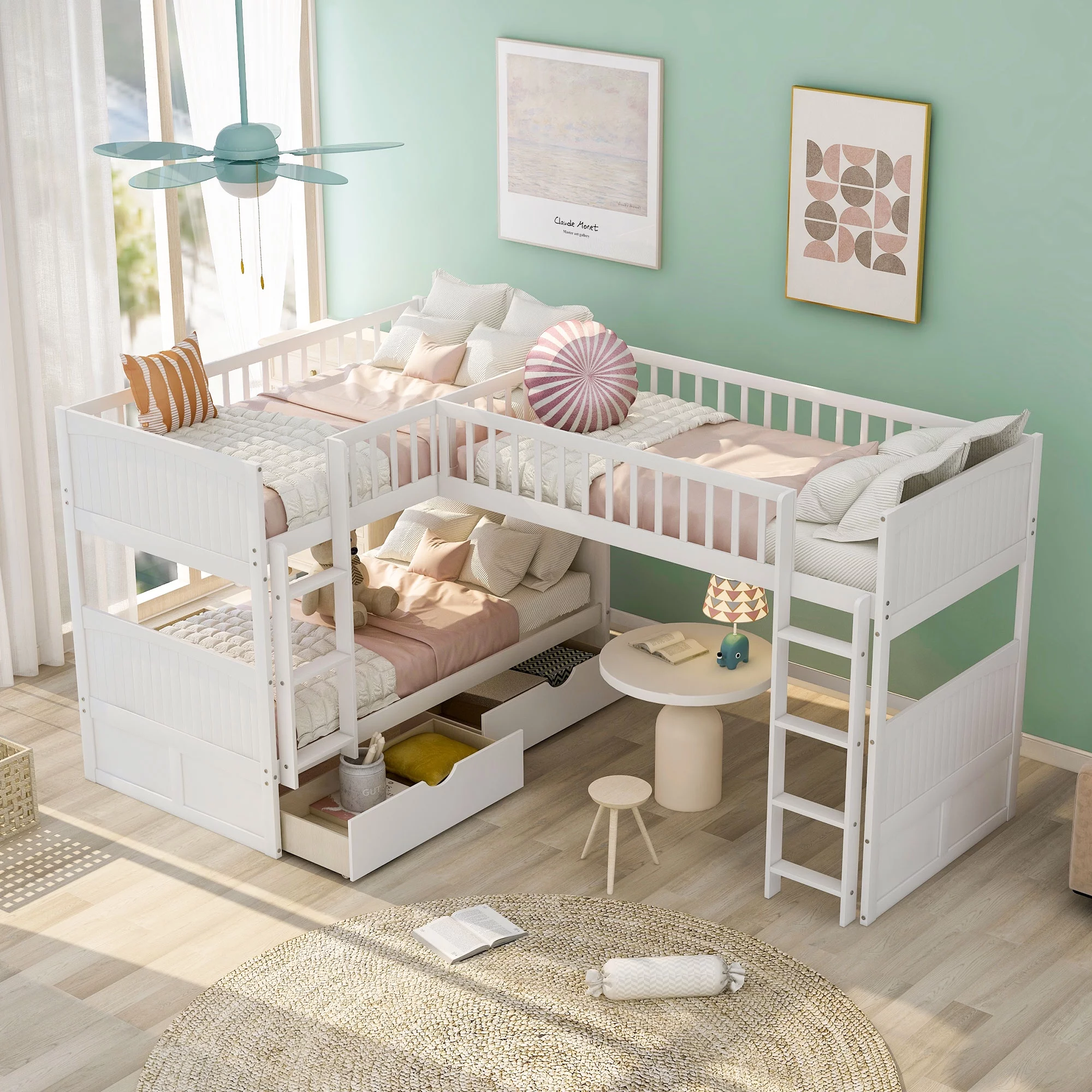 ikayaa Twin Size Bunk Bed with a Loft Bed attached, with Two Drawers,White