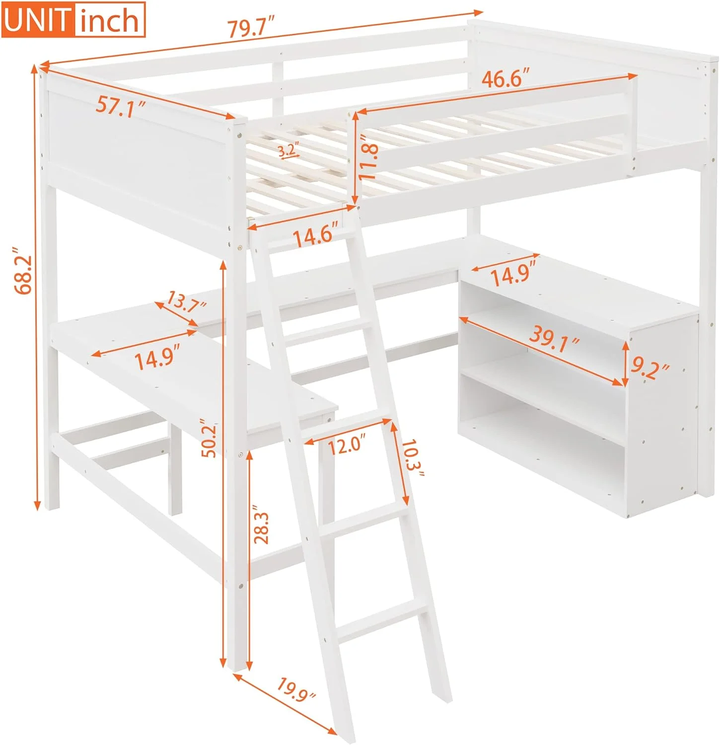 Full Loft Bed With Desk And Shelves, Wooden Loft Bed With Storage, High Full Loft Bed With Ladder And Guardrail For Kids Teens Boys Girls, White