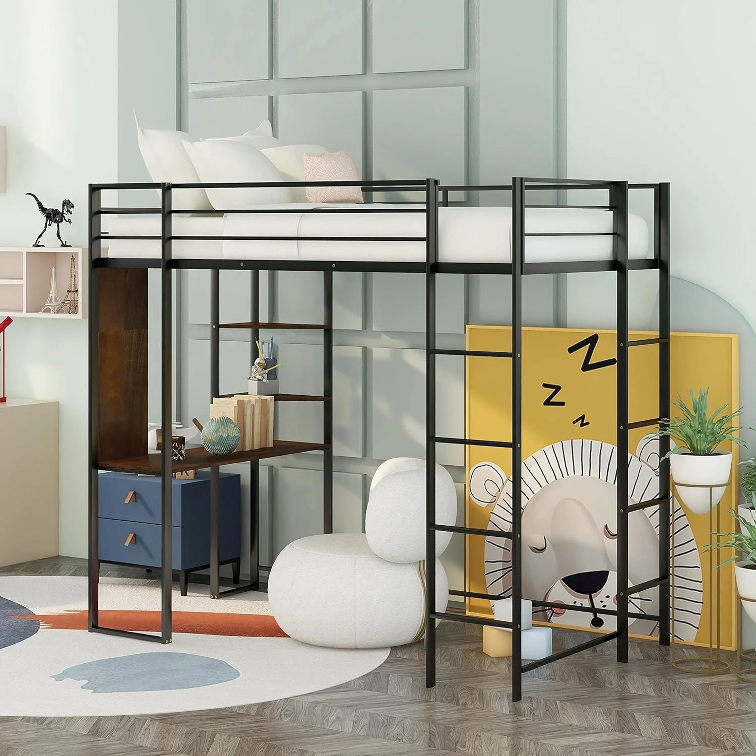 Metal Loft Bed, Metal High Loft Bed With Desk, Bookcase For Teens, Loft Bed Frame For Boy With Computer Desk, Black