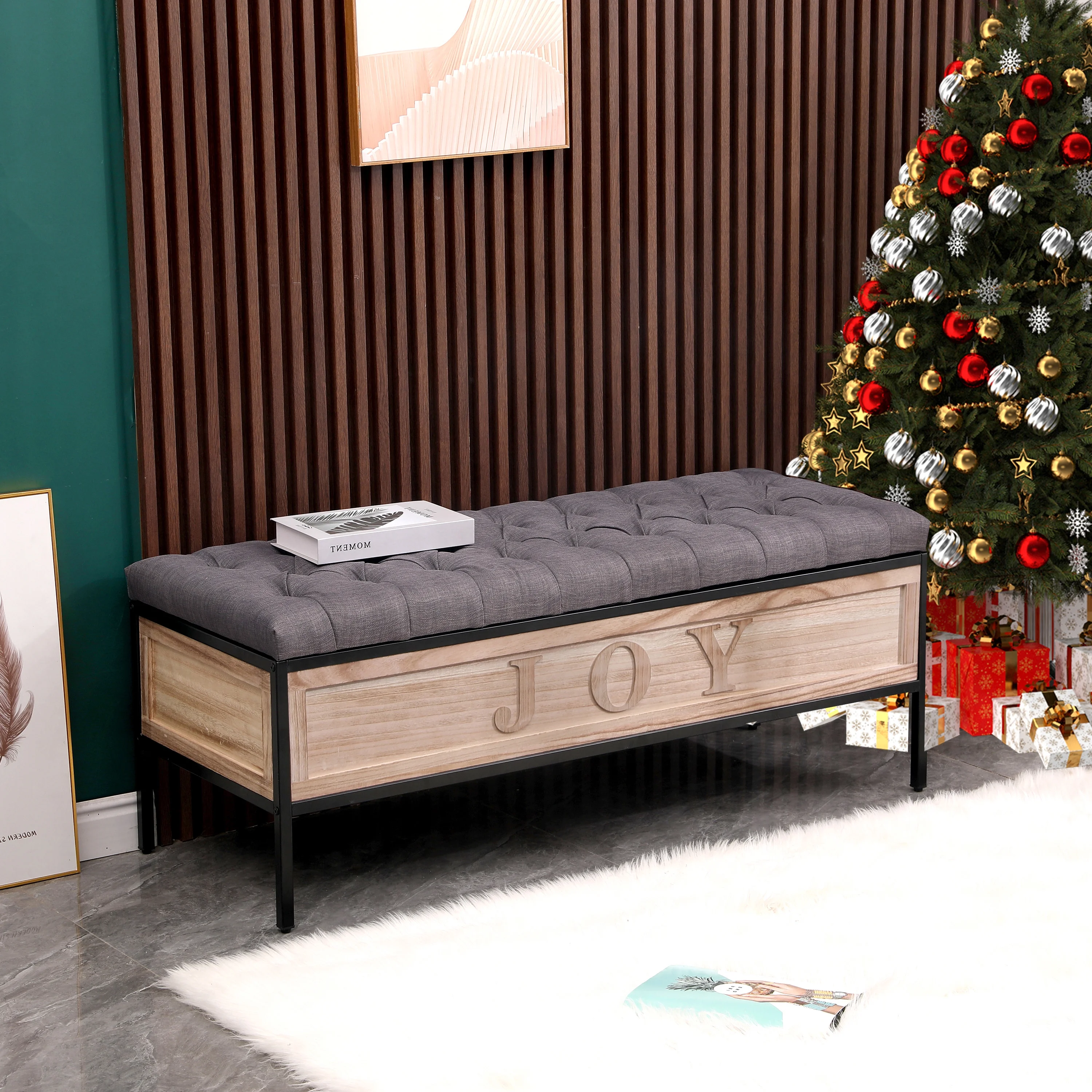 Glavbiku 48'' Ottoman with Storage for Bedroom,Wood Upholstered End of Bed Bench,Dark Gray