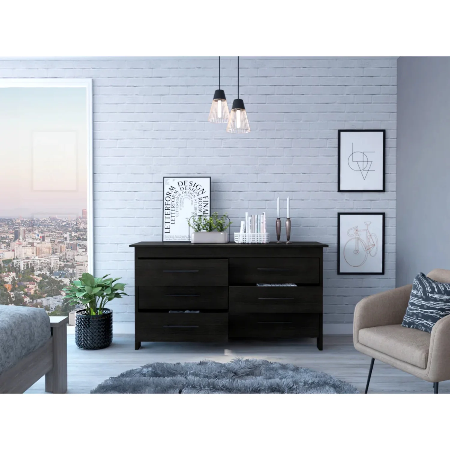 Treevol Furniture, 6 Drawer Double Dresser Wezz, Four Legs, Superior Top, for Adults-Black Finish