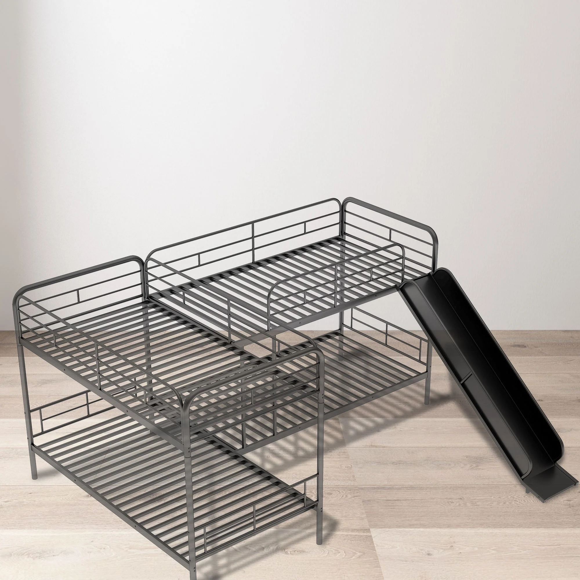 Twin Size L-Shaped Bunk Bed with Slide and Ladder, Black