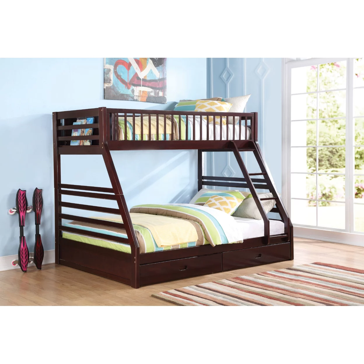 Wooden TwinXL Queen Bunk Bed with Drawers, Espresso Brown- Saltoro Sherpi