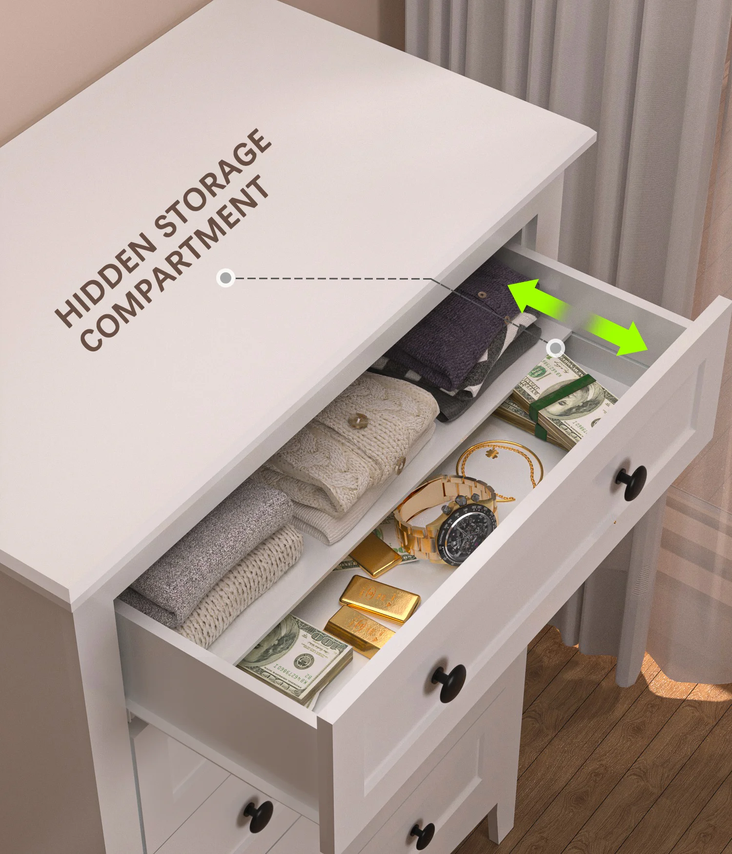 HAIOOU 5 Drawer Chest for Bedroom with Power Outlets, Wooden Large Storage Chest of Drawers and Storage Drawers Modern White