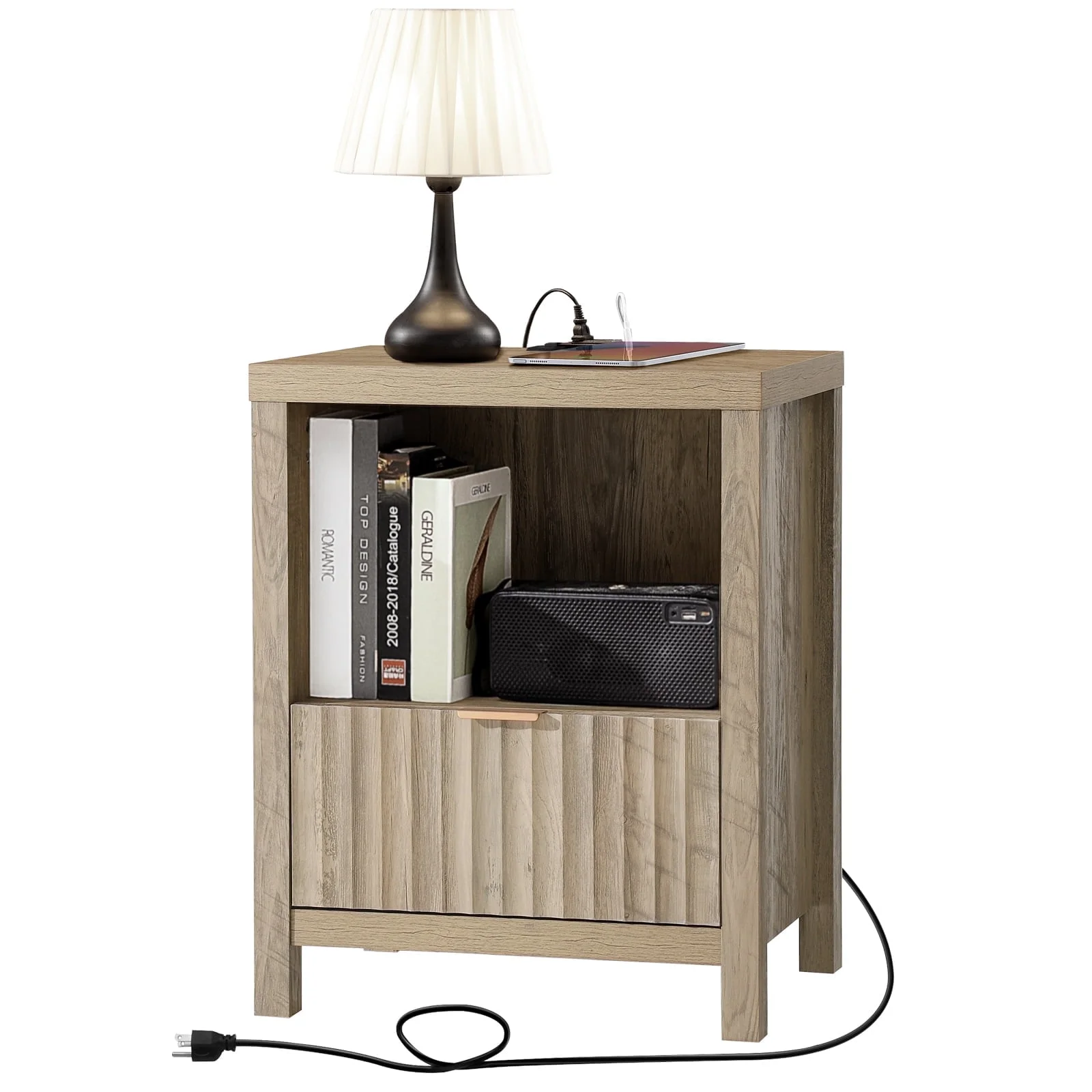 OAKHAM Nightstands with Charging Station and Drawers - Farmhouse Bedside Tables, End Tables for Bedroom, Living Room, Sunwashed Ash Oak