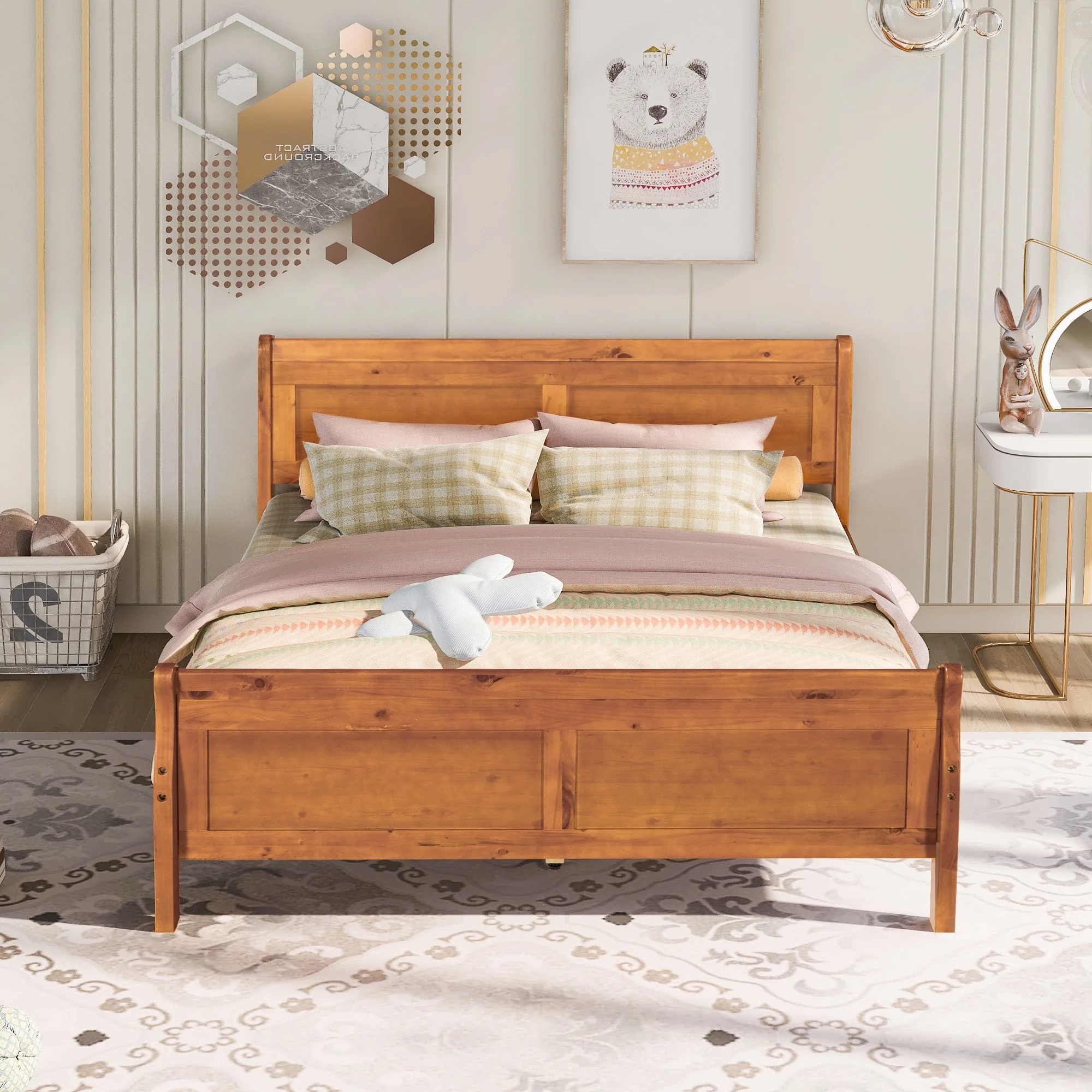 CoSoTower Queen Size Wood Platform Bed With Headboard And Wooden Slat Support, Oak