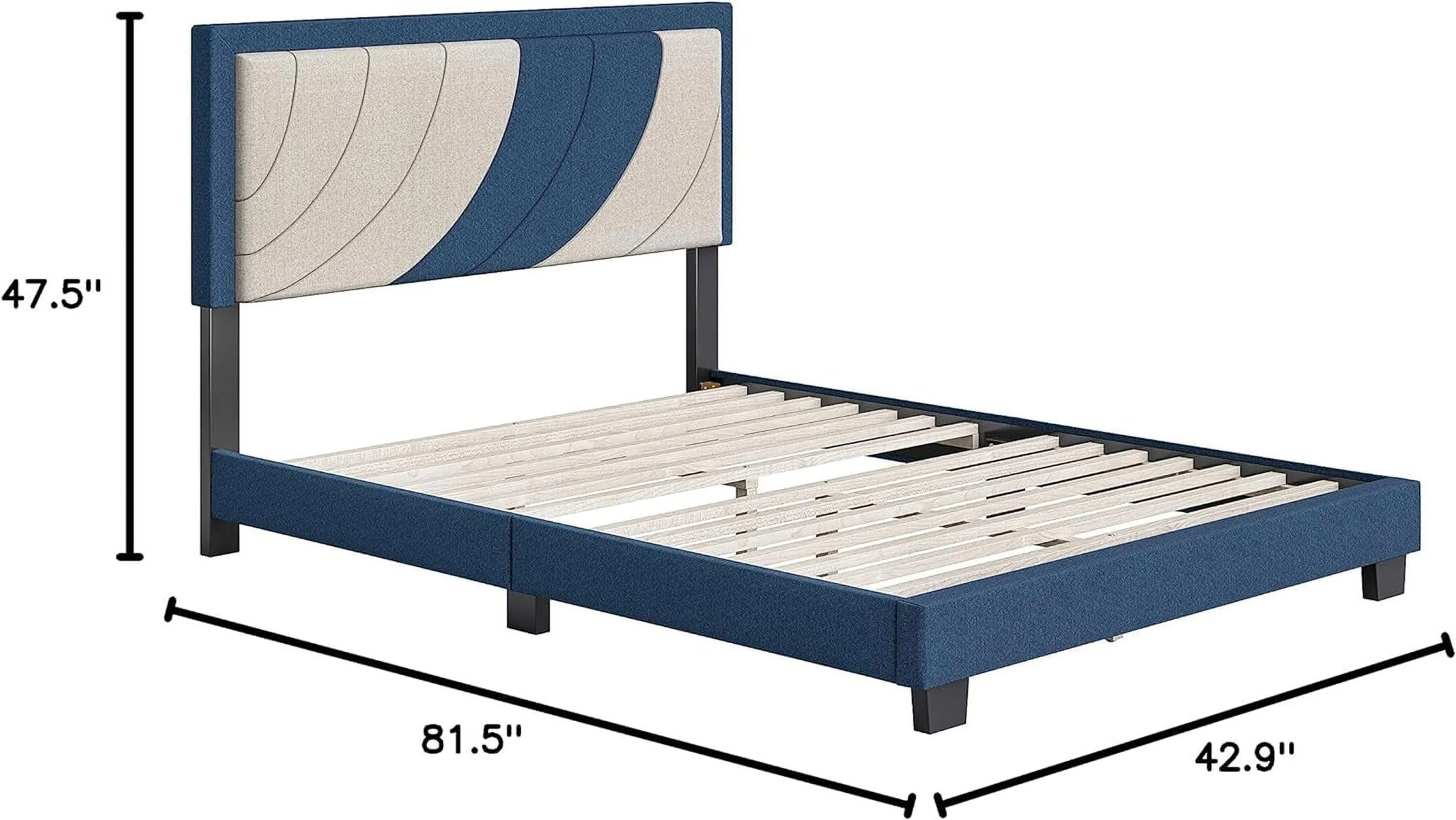 Sail Away Upholstered Platform Bed With Headboard And Durable Mattress Foundation With Strong 14 Wood Slat Supports, No Boxspring Required: , Blue/White