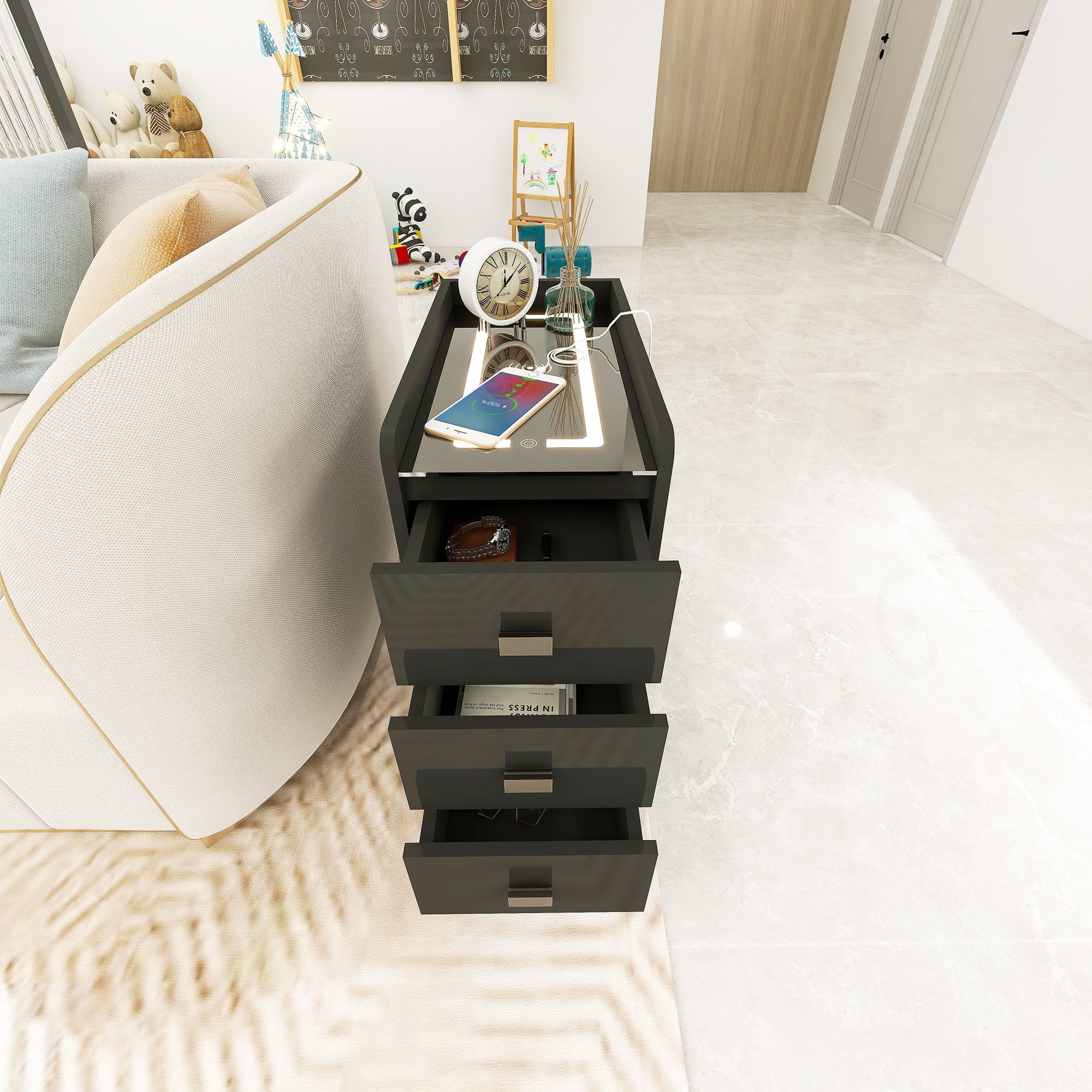 Glavbiku LED Nightstand Set of 2 with Wireless Charging,Wood Narrow Table with 3 Drawer,Adult,Black