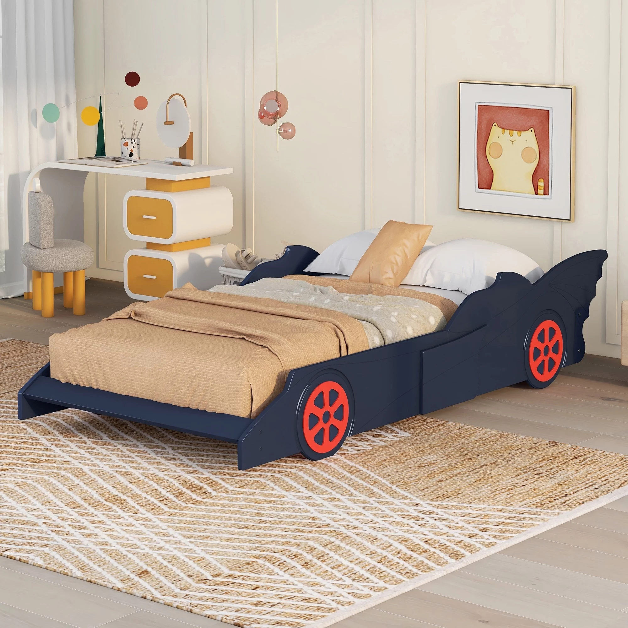 Euroco Modern Wood Race Car-Shaped Twin Size Platform Bed for Kids’ Bedroom, Blue & Red