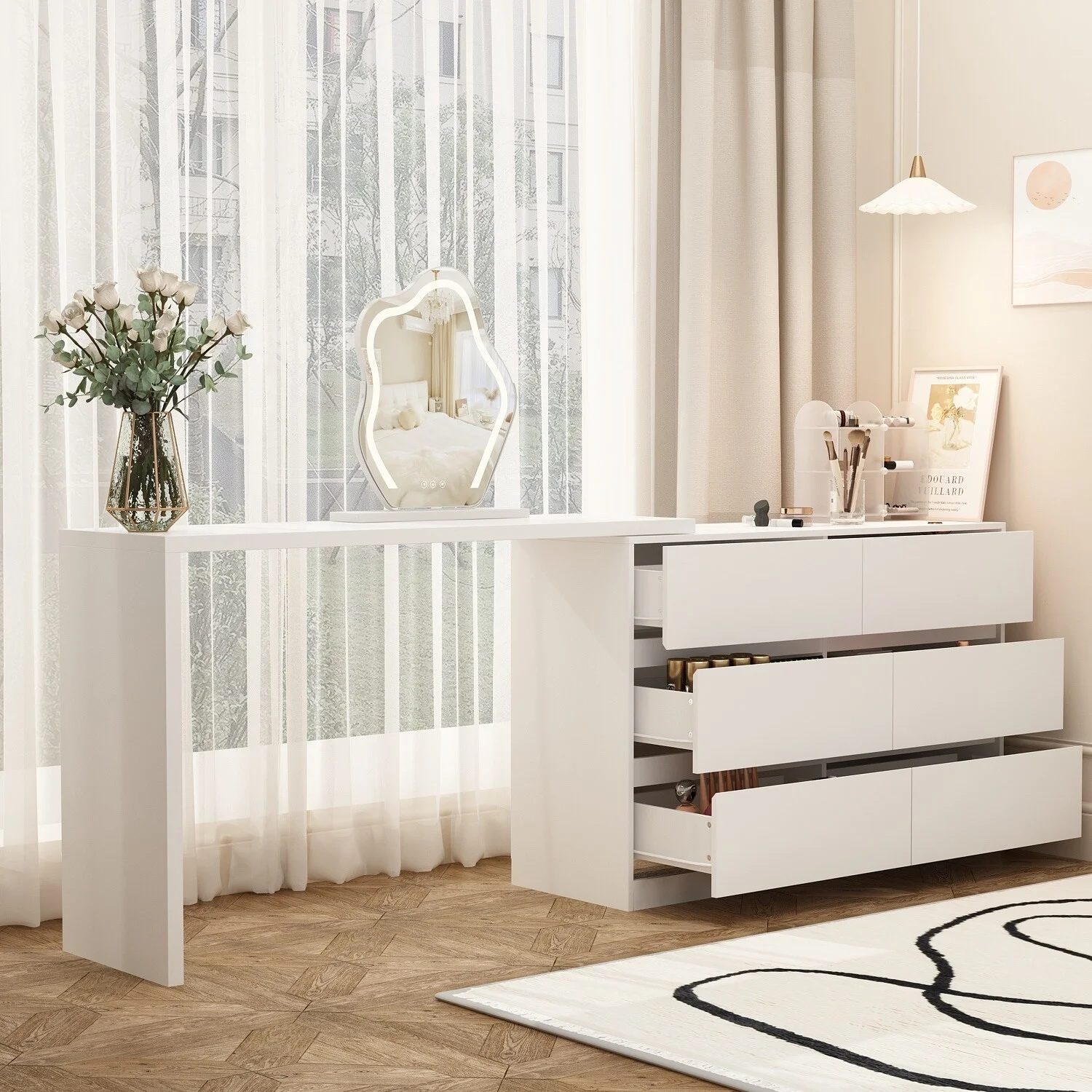 Makeup Desk Rotating Dresser and Desk 6 Drawer Dresser Vanity Makeup White