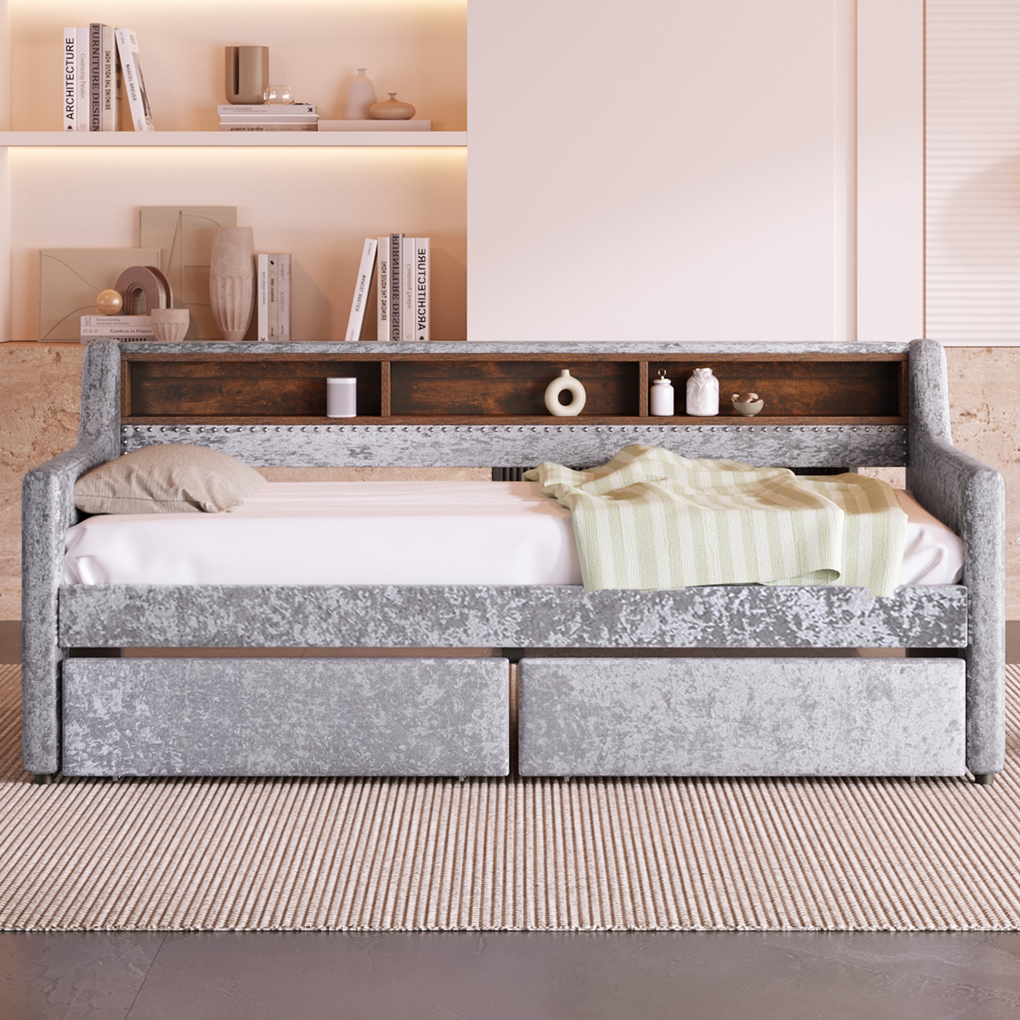 Axel Twin Size Snowflake Velvet Daybed with Drawers  - Gray