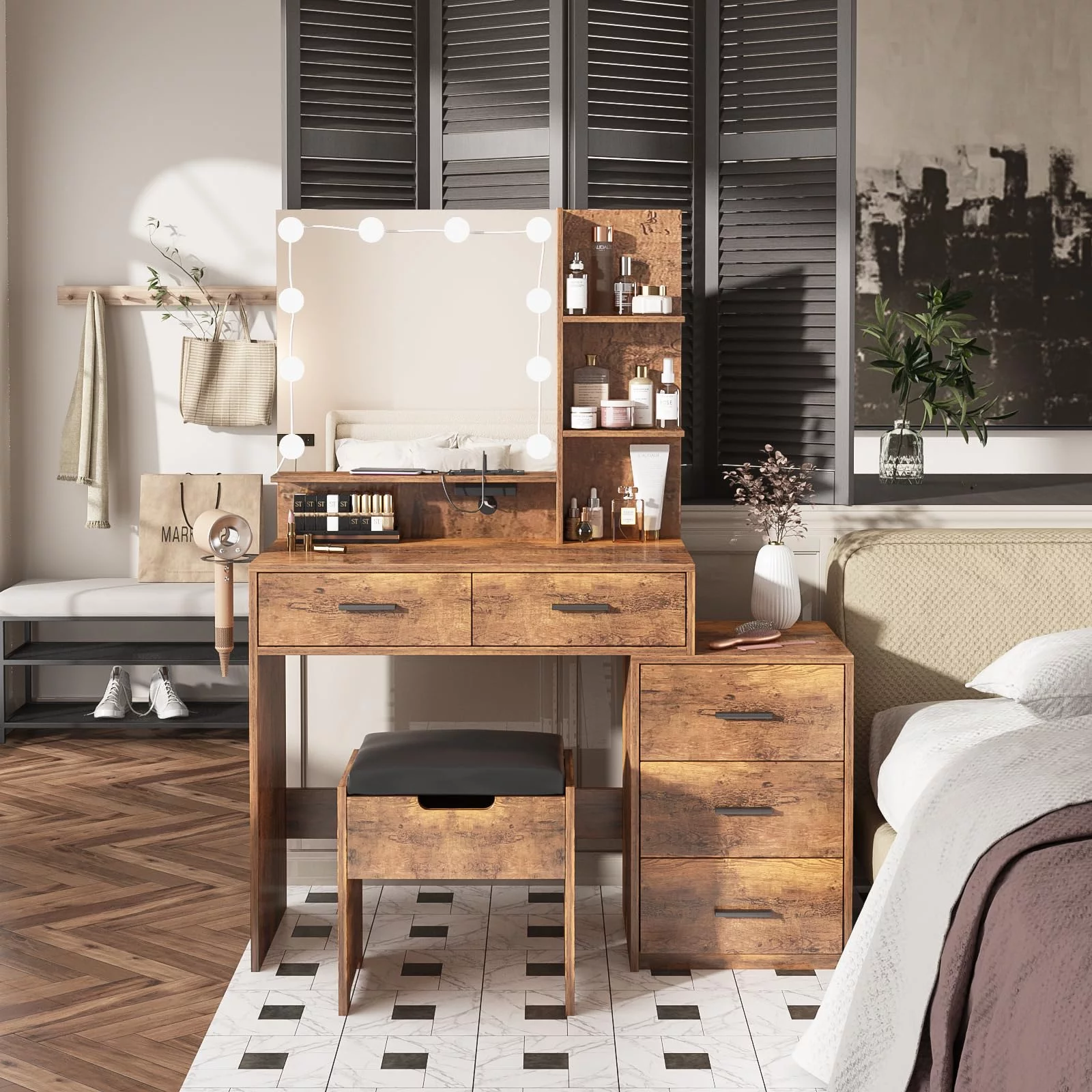 Veanerwood Vanity Desk with Mirror and Lights, Makeup Vanity Dressing Table Set with Drawers and Power Strip, for Bedroom 43.2in, Brown