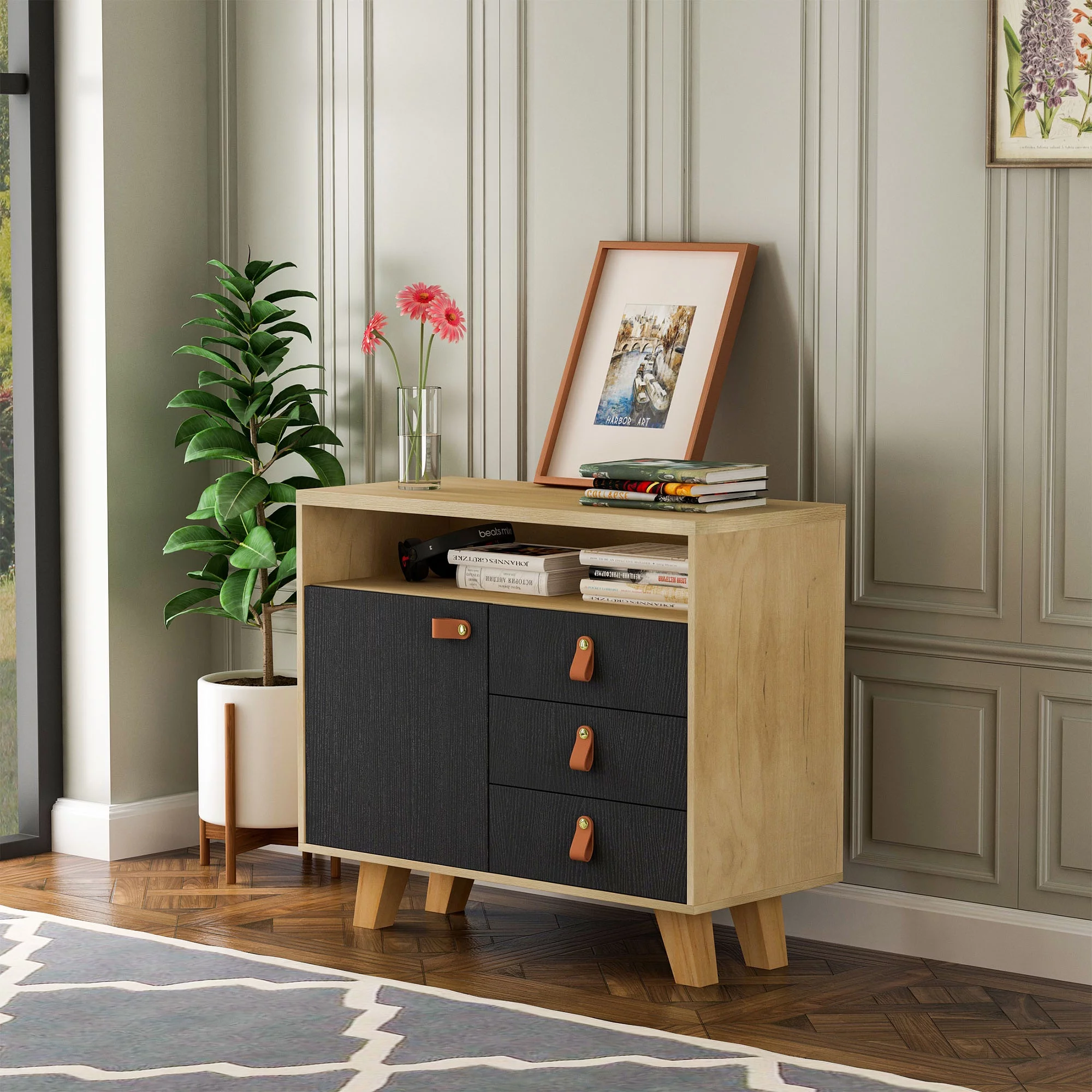 HIUU 3 Drawer Dresser for Bedroom,Wood Office Cabinet with Drawers,Modern Cabinet Dresser,End Table with Drawers,Black Brown