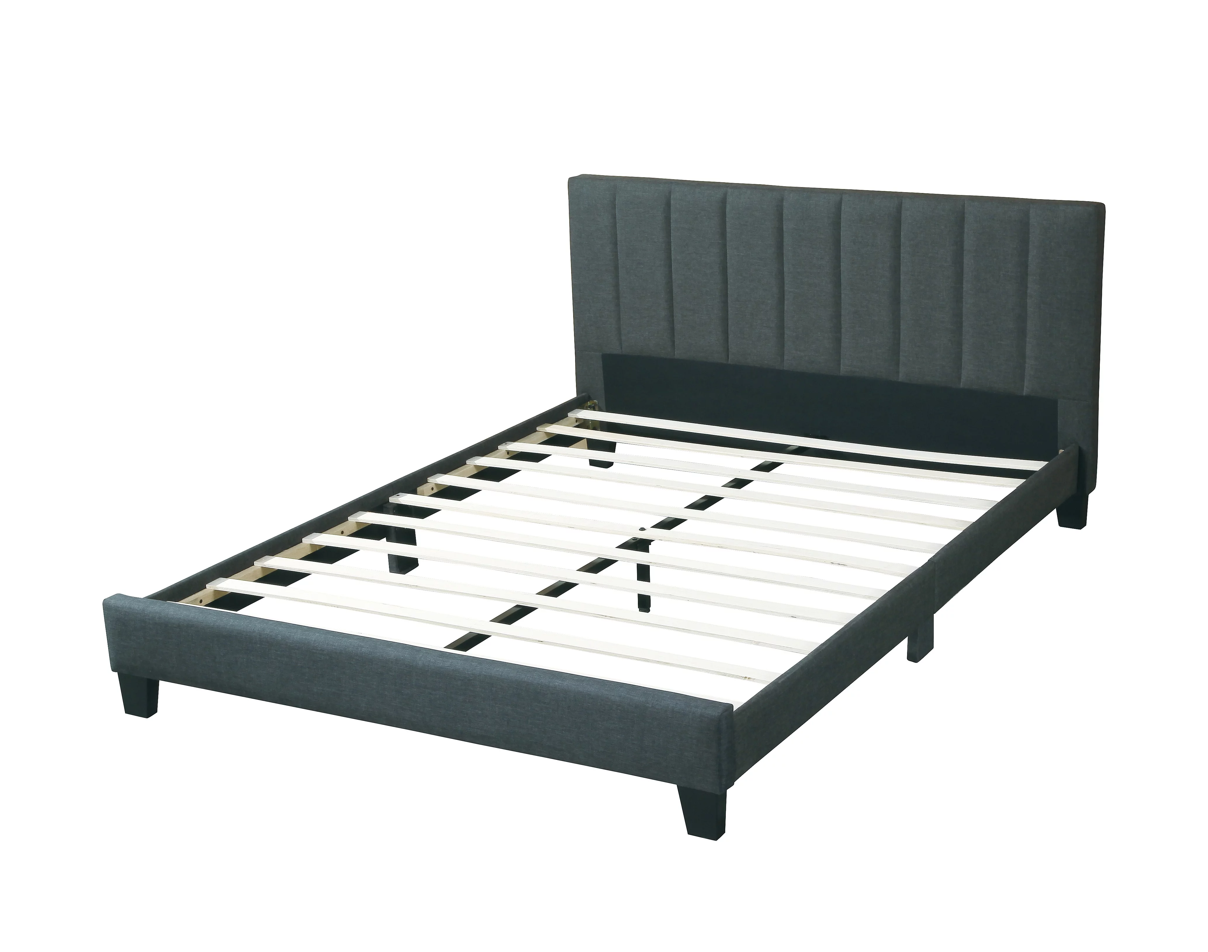 Simple Unique QUEEN SIZE BED Solid wood Bedframe Slats Charcoal Polyfiber Headboard w vertical Tufting Bedroom 1pc Bed