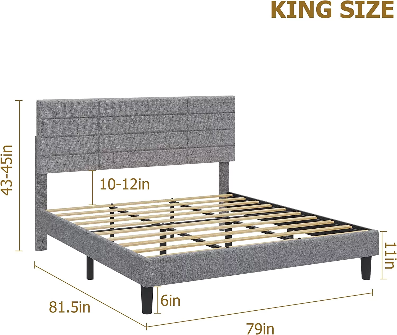 Bed Frame Full Size Upholstered Platform Beds with Headboard Linen Fabric Wood Slat Support + Iron Frame Mattress Foundation No Box Spring Needed Light Grey