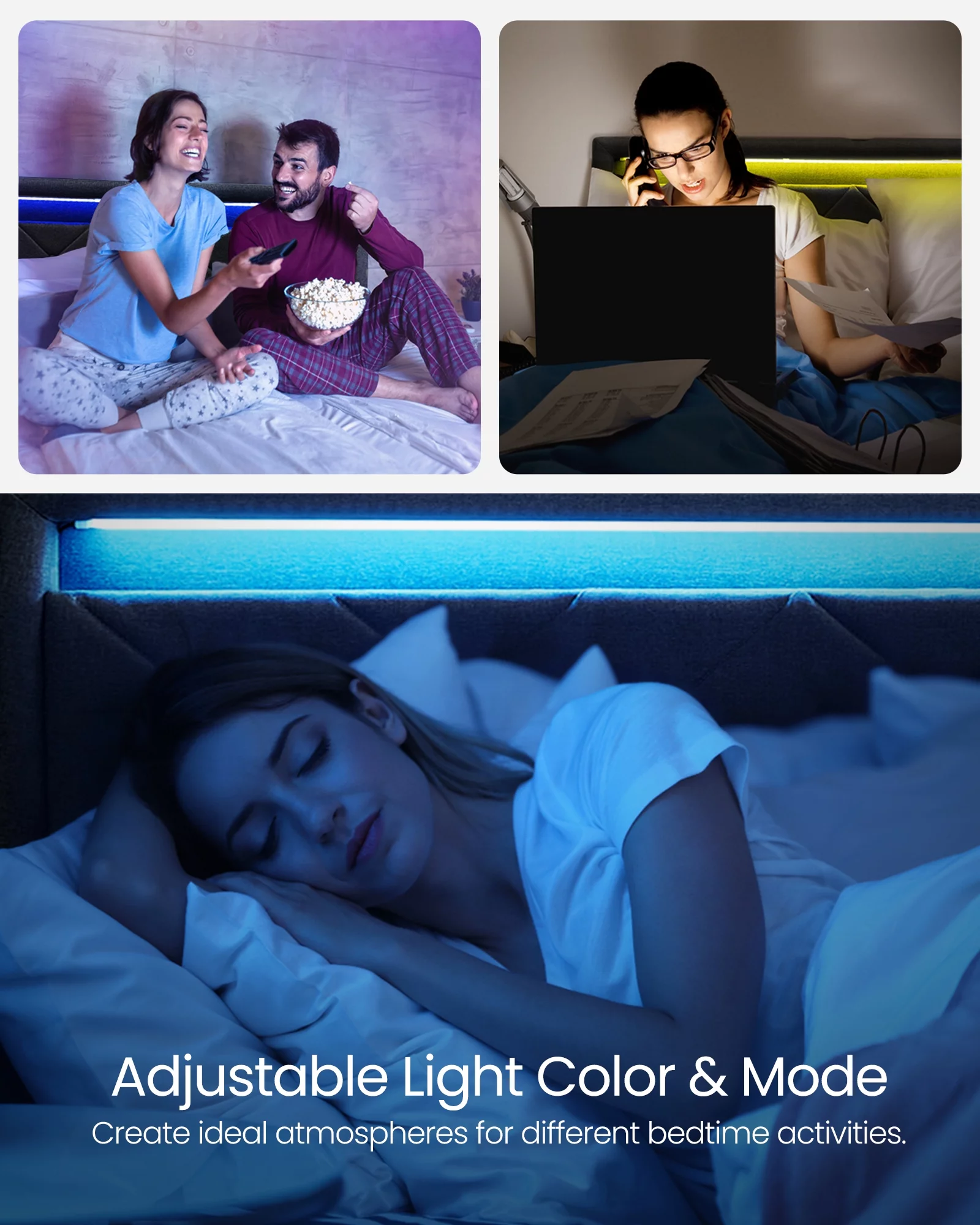 VASAGLE LED Bed Frame Queen Size with Headboard and 4 Drawers, USB and Type C Ports, Adjustable Upholstered Headboard, Dark Grey